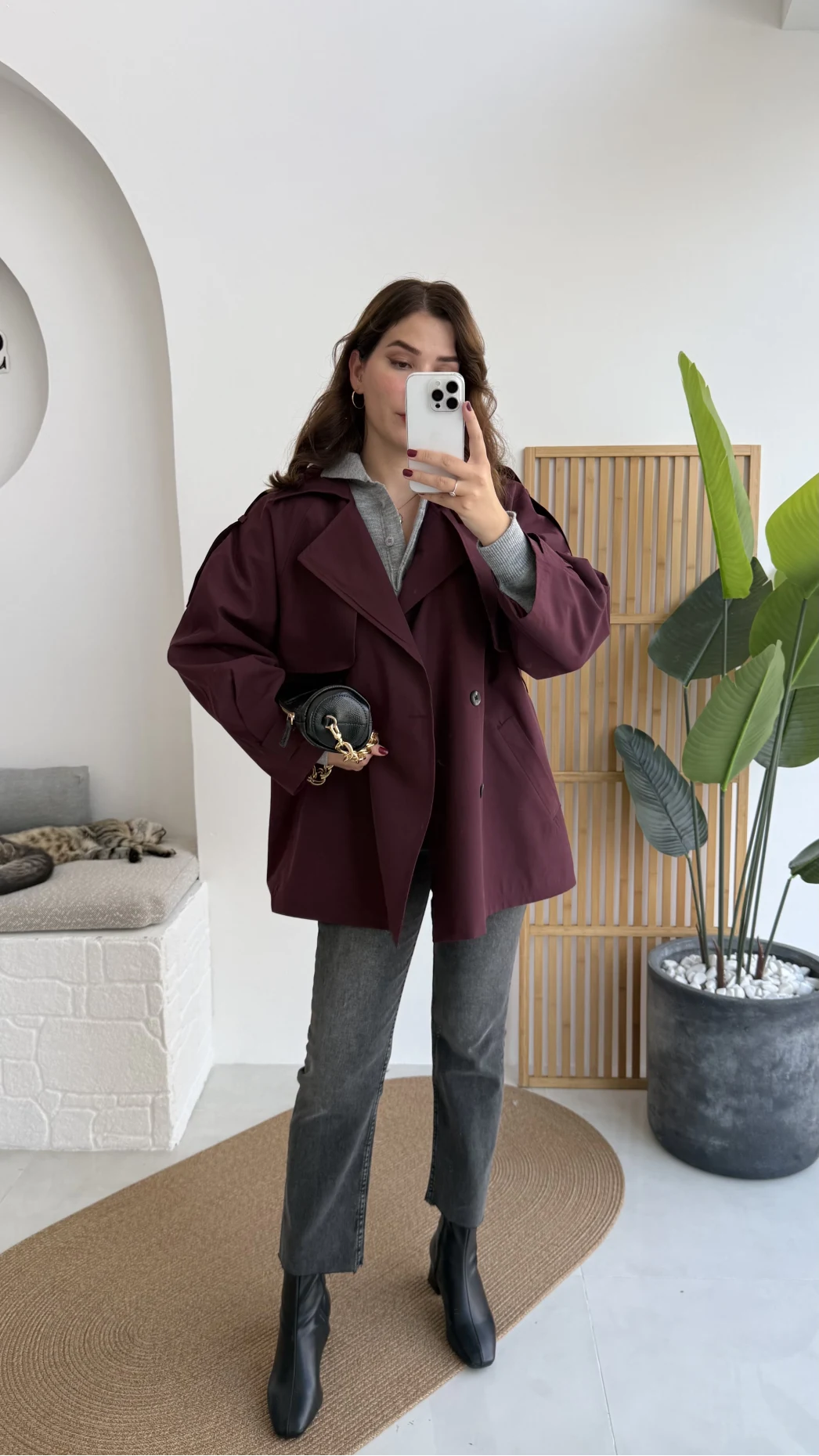 Gemma Kısa Trençkot - Bordo - Kod: 7556