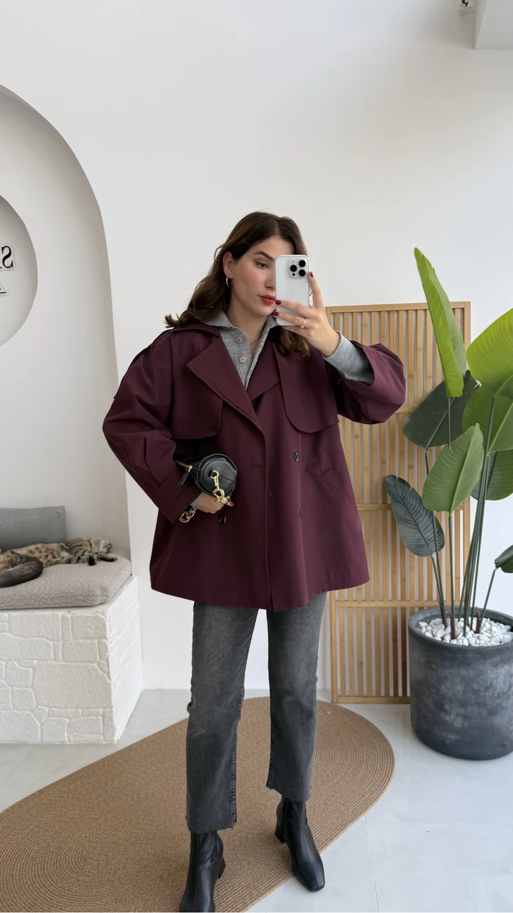 Gemma Kısa Trençkot - Bordo - Kod: 7556