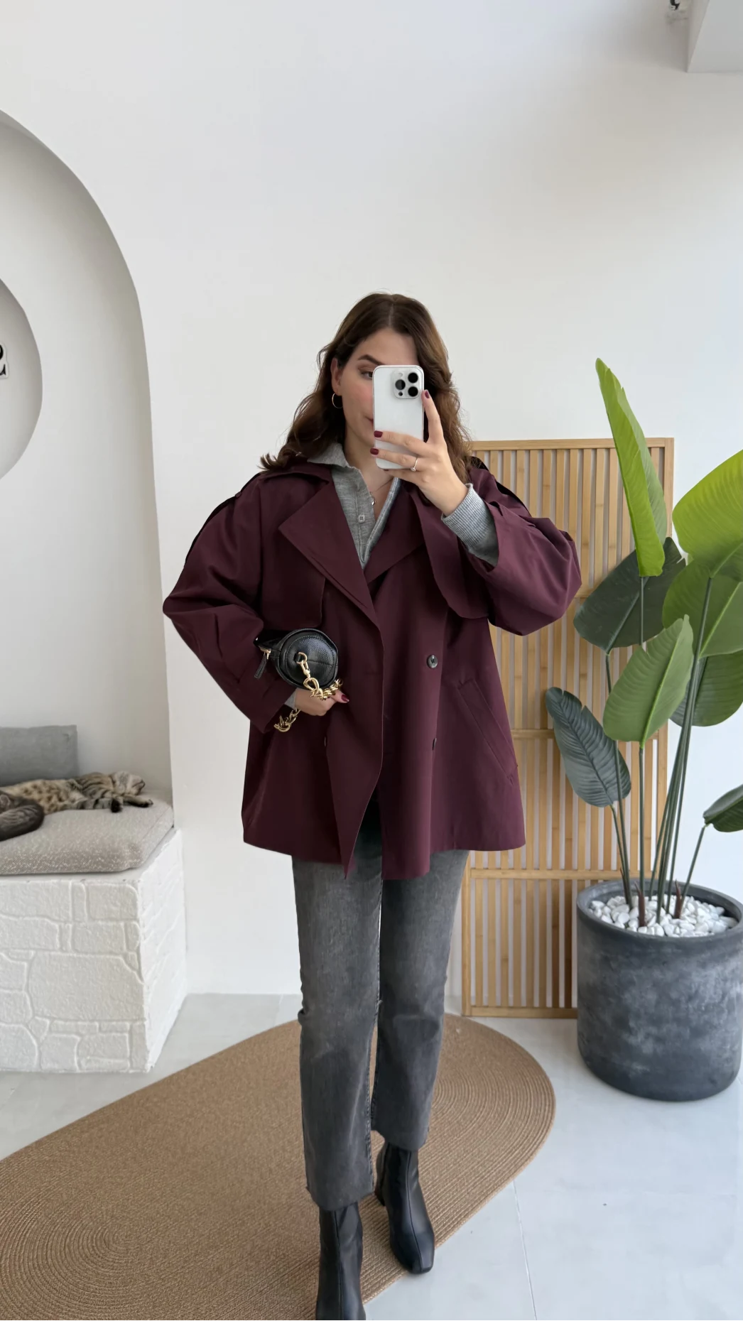 Gemma Kısa Trençkot - Bordo - Kod: 7556