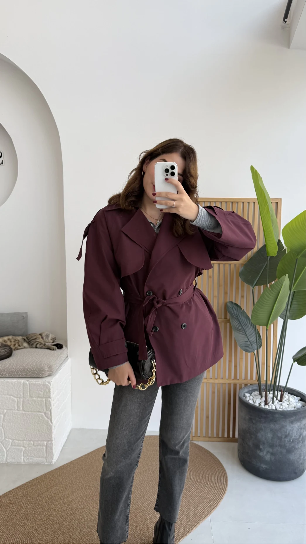 Gemma Kısa Trençkot - Bordo - Kod: 7556