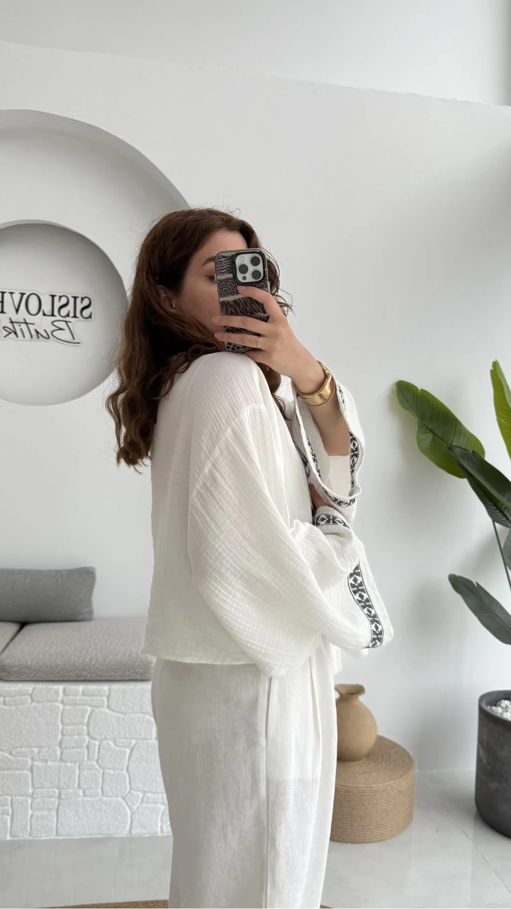 Geniş Kol Nakışlı Bağlamalı Kimono - Kırık Beyaz - 7014