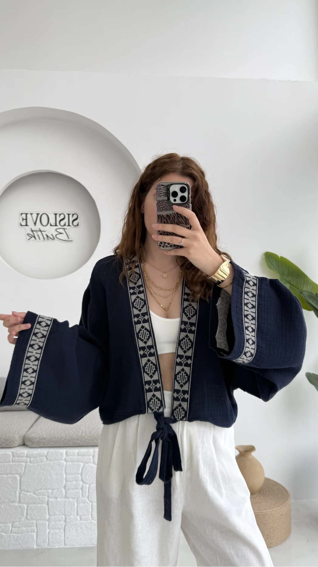 Geniş Kol Nakışlı Bağlamalı Kimono - Lacivert - 7014