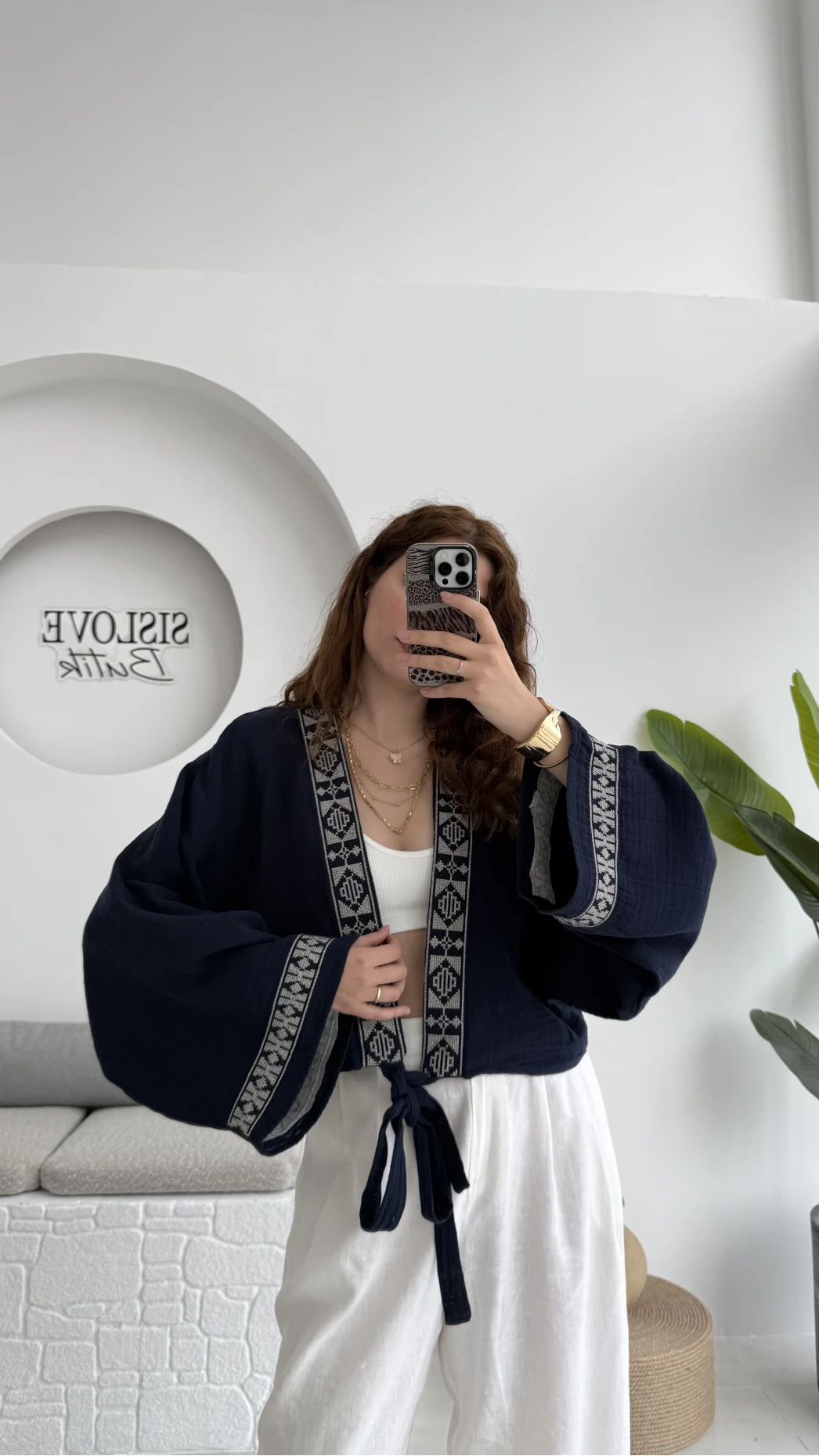 Geniş Kol Nakışlı Bağlamalı Kimono - Lacivert - 7014