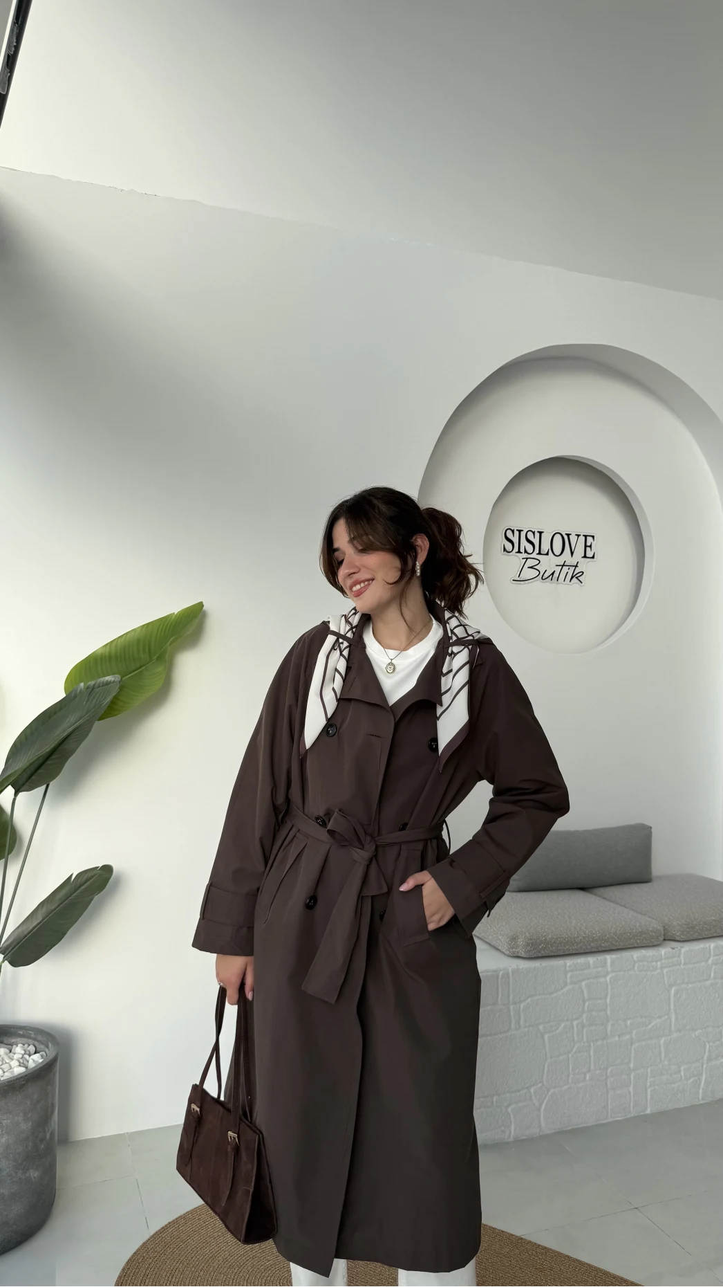 Gloria Fularlı Uzun Trençkot - Kahve - Kod: 7535