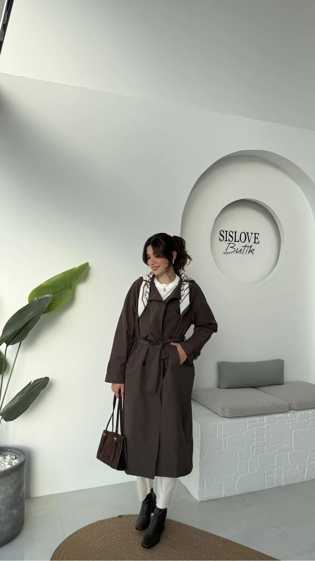 Gloria Fularlı Uzun Trençkot - Kahve - Kod: 7535