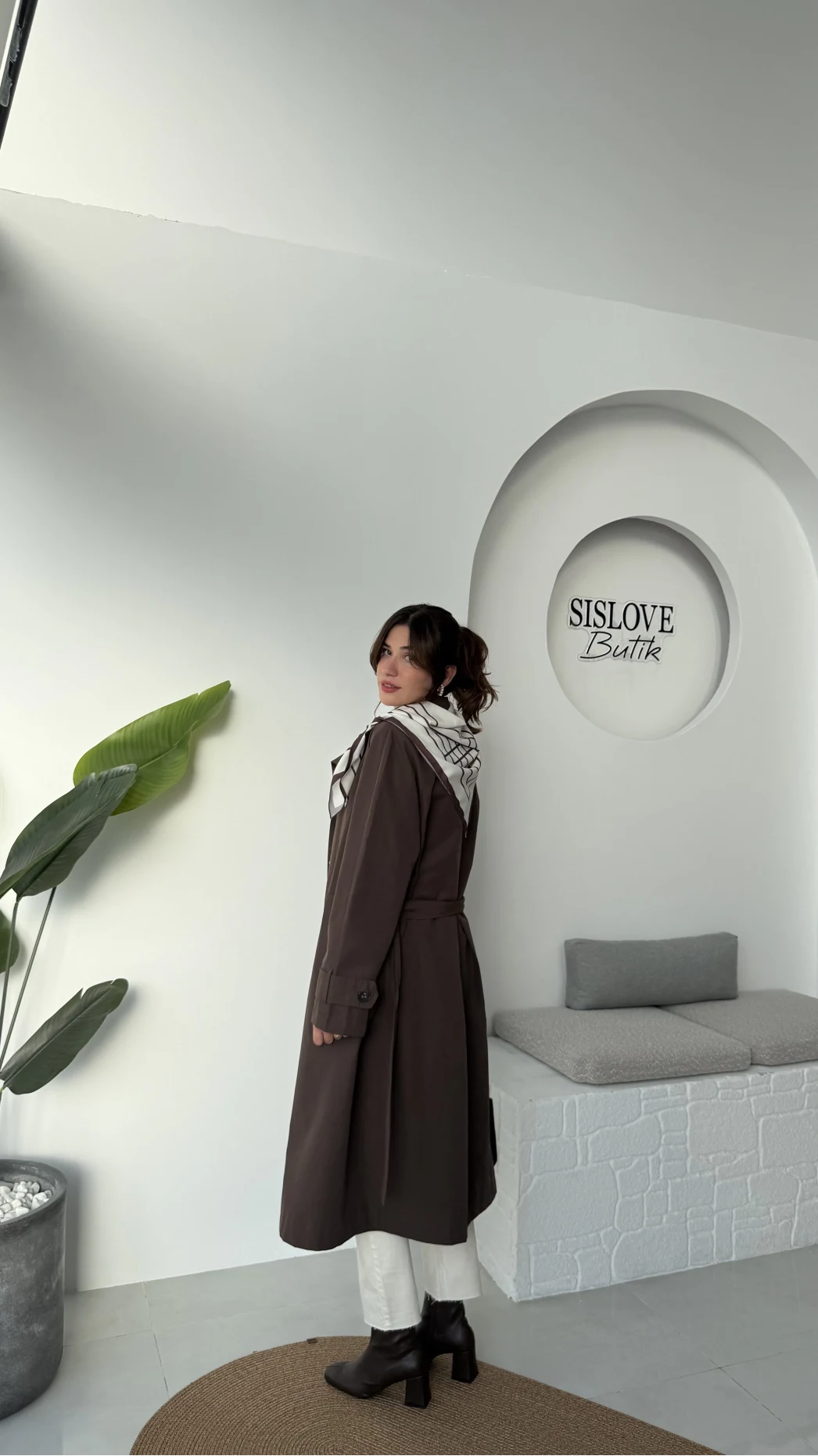 Gloria Fularlı Uzun Trençkot - Kahve - Kod: 7535