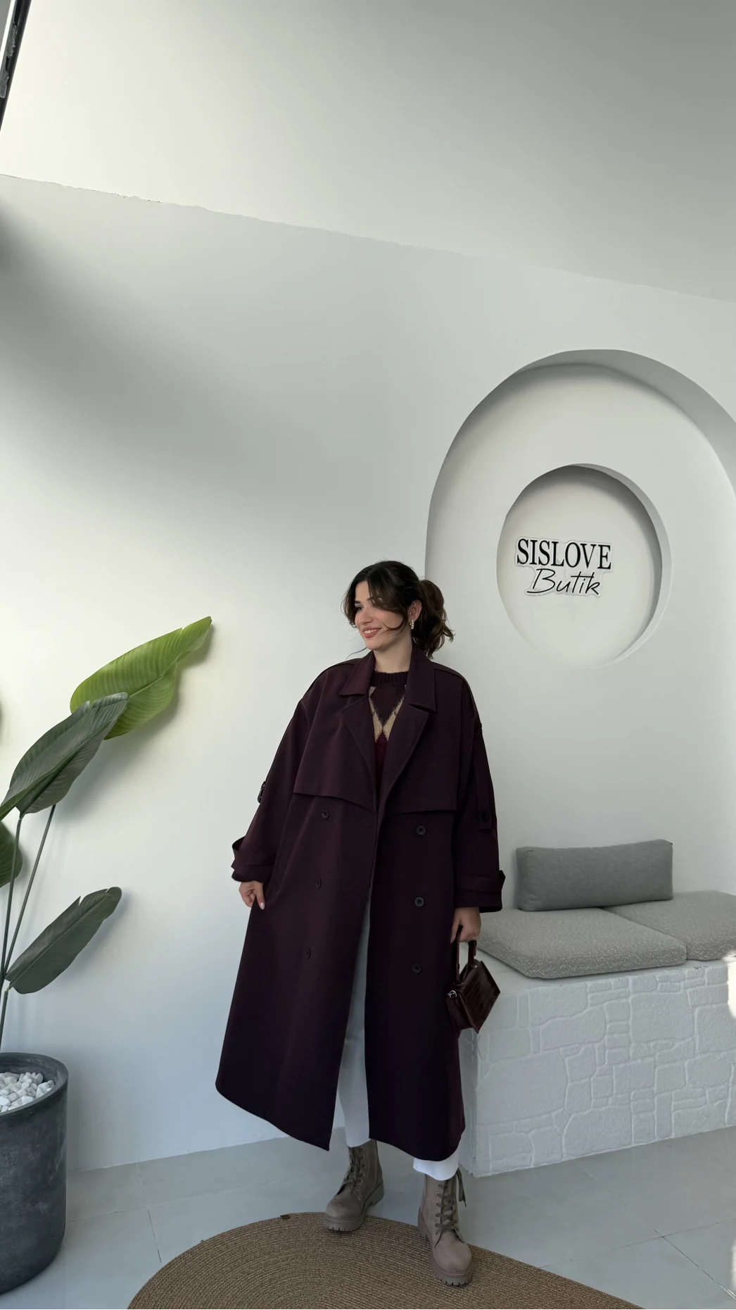 Gloria Fularlı Uzun Trençkot - Kahve - Kod: 7535