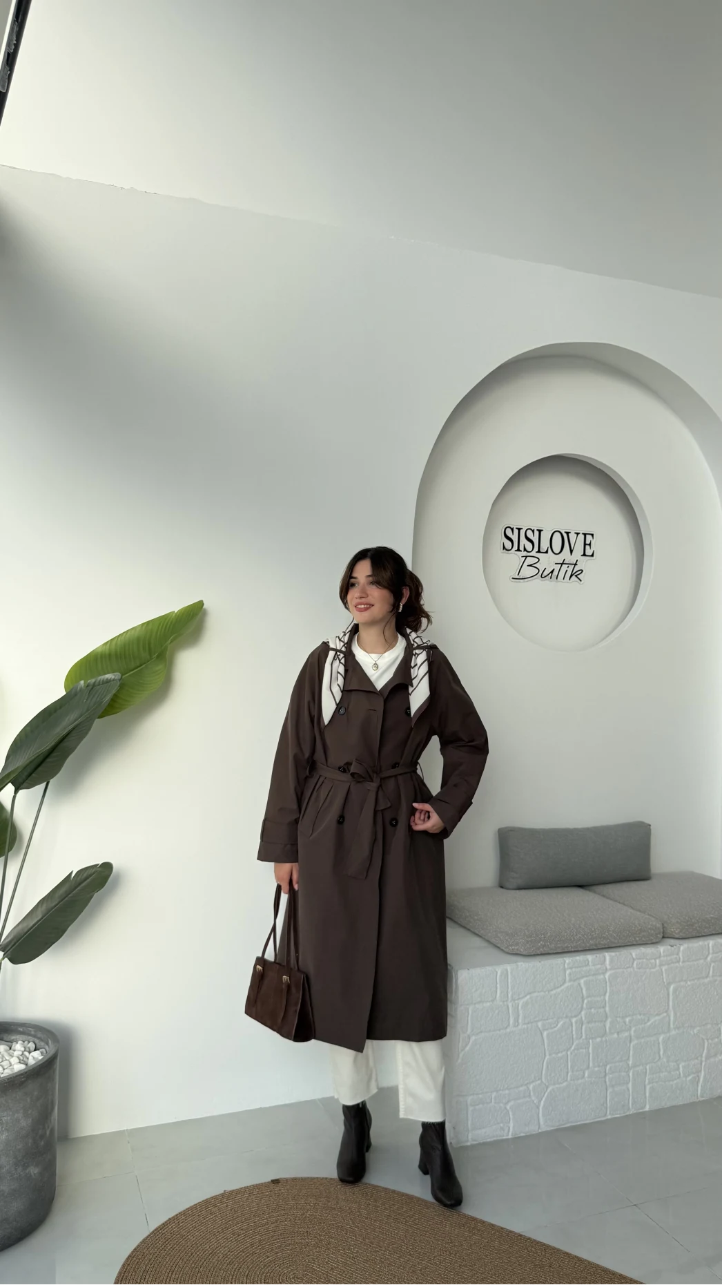 Gloria Fularlı Uzun Trençkot - Kahve - Kod: 7535