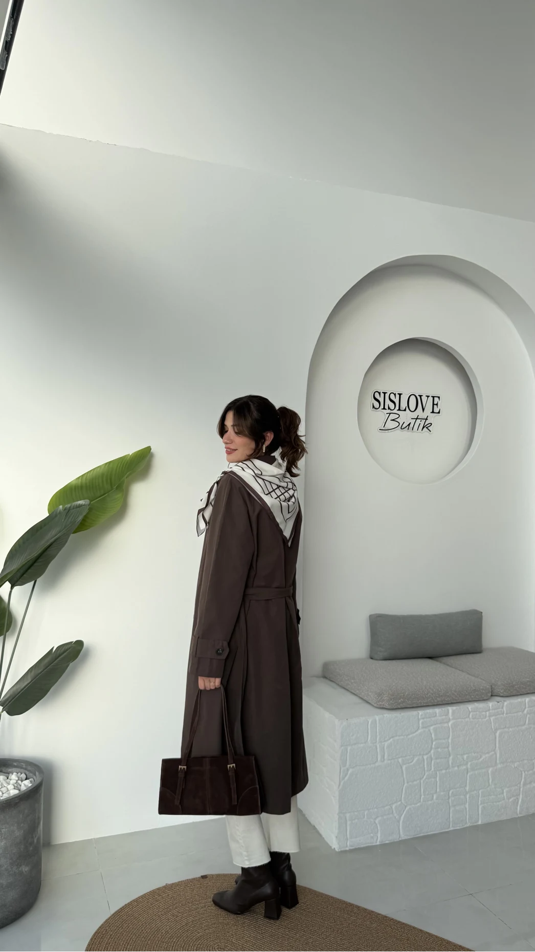 Gloria Fularlı Uzun Trençkot - Kahve - Kod: 7535