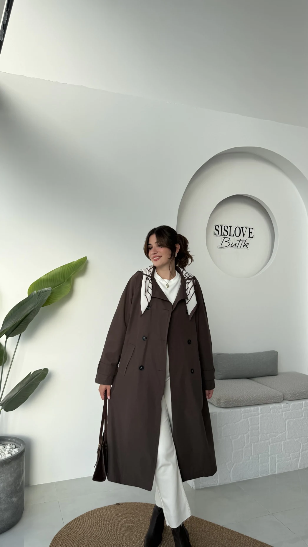 Gloria Fularlı Uzun Trençkot - Kahve - Kod: 7535