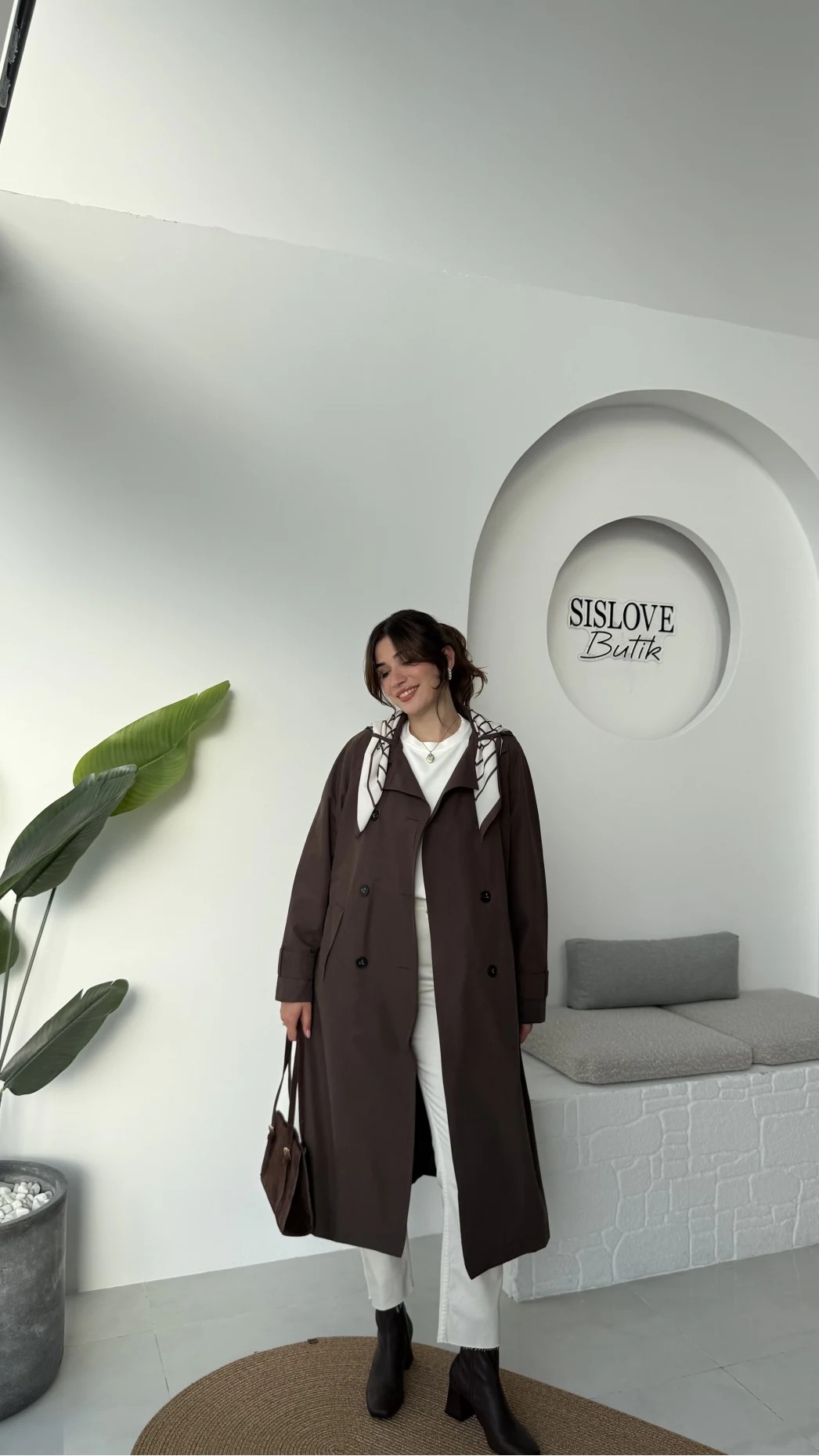 Gloria Fularlı Uzun Trençkot - Kahve - Kod: 7535