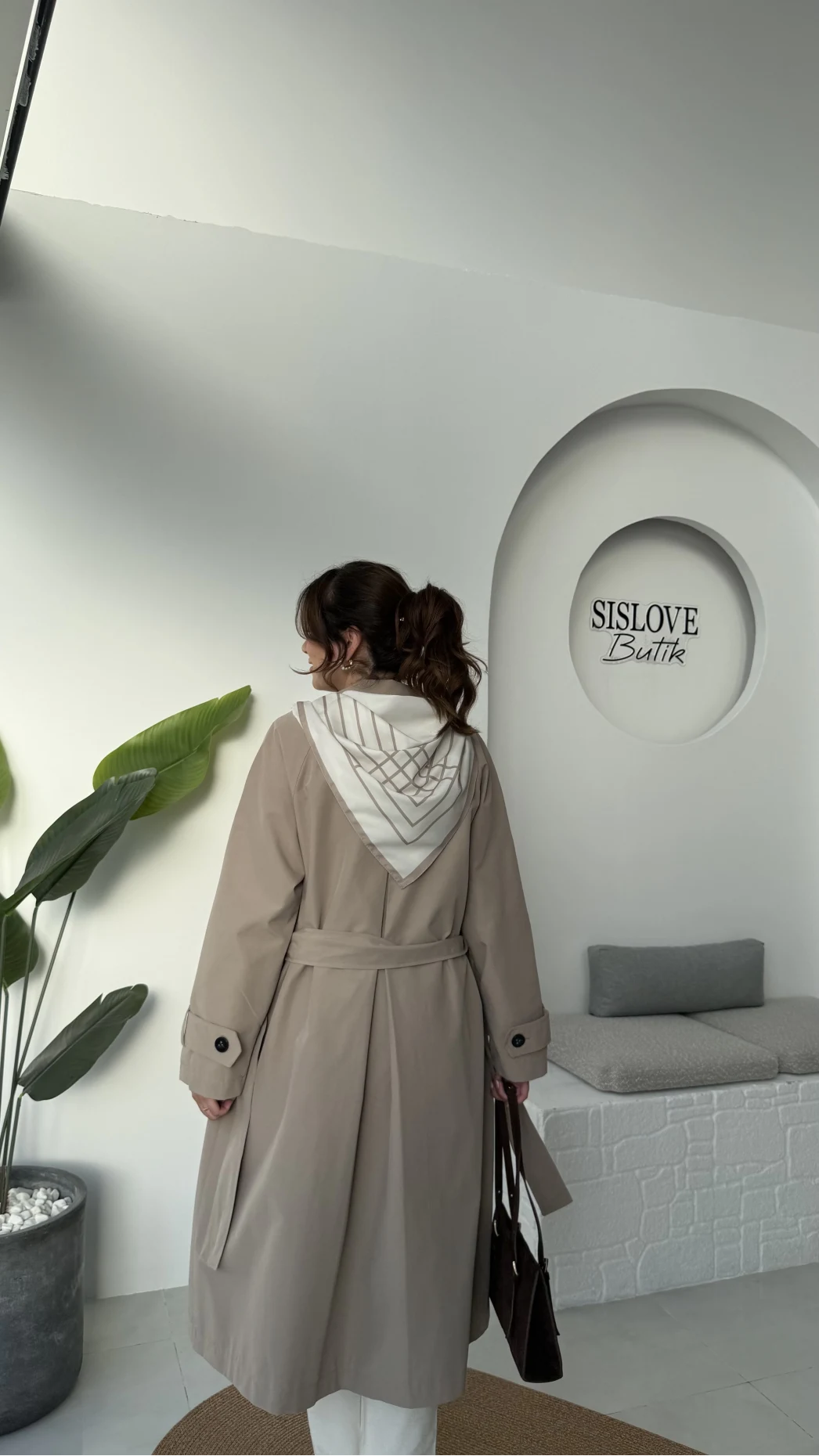 Gloria Fularlı Uzun Trençkot - Vizon - Kod: 7535