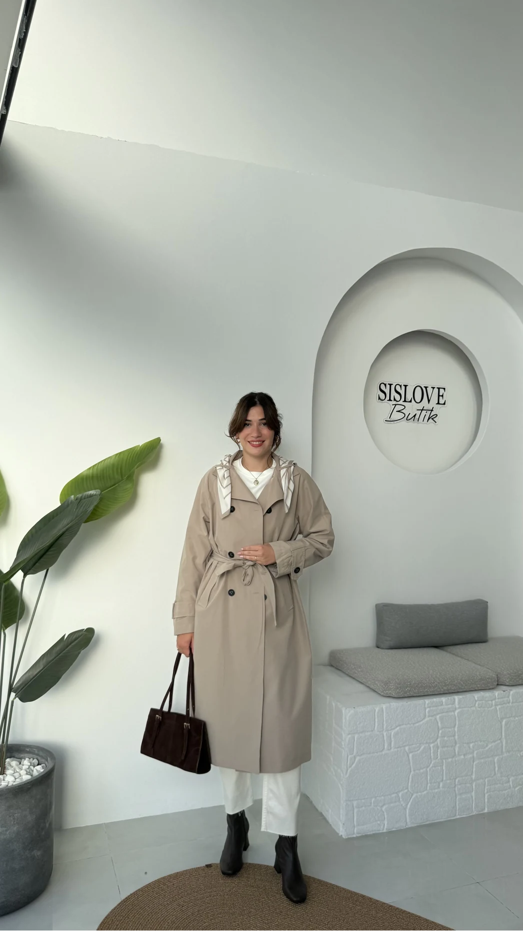 Gloria Fularlı Uzun Trençkot - Vizon - Kod: 7535