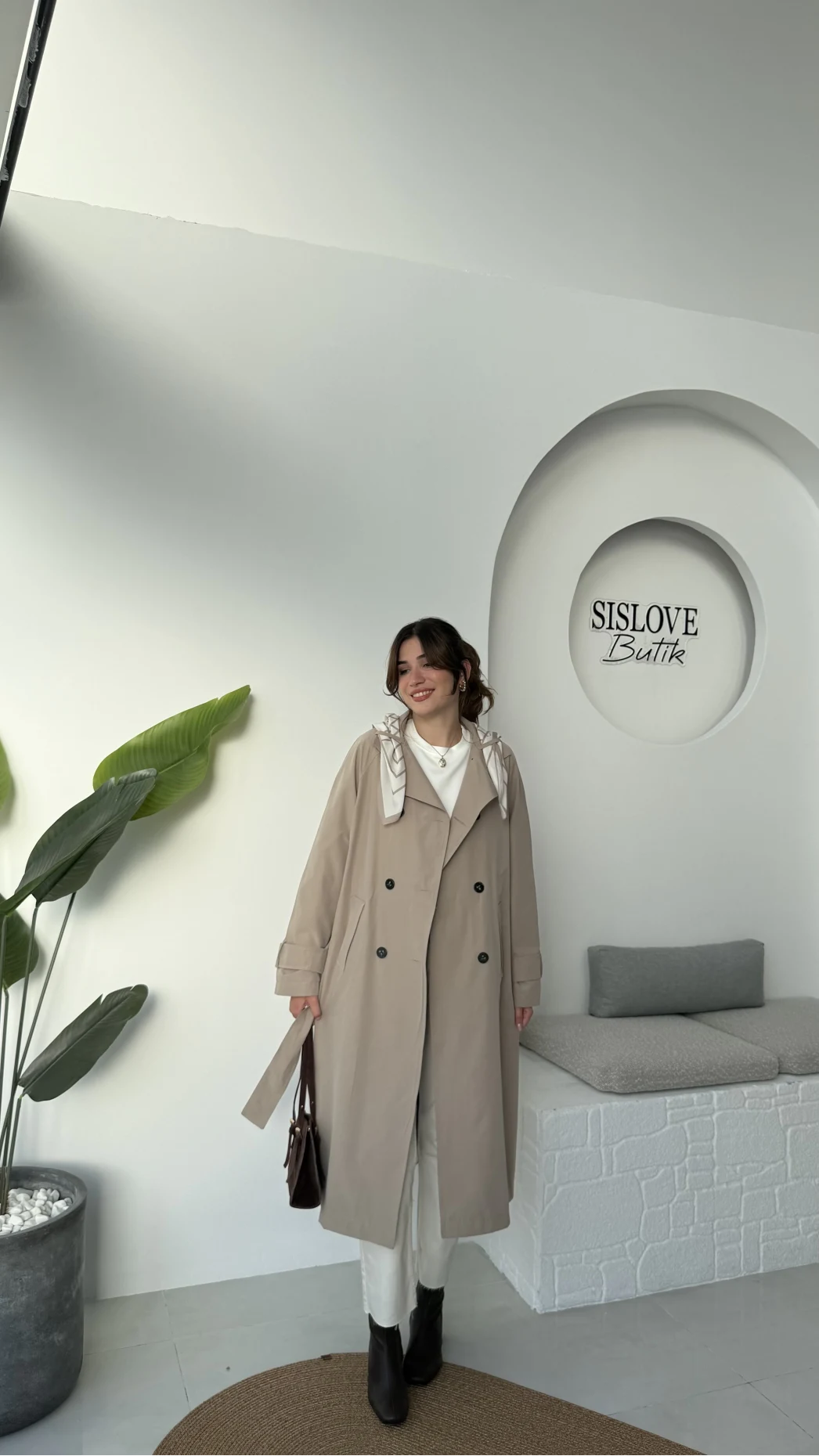 Gloria Fularlı Uzun Trençkot - Vizon - Kod: 7535