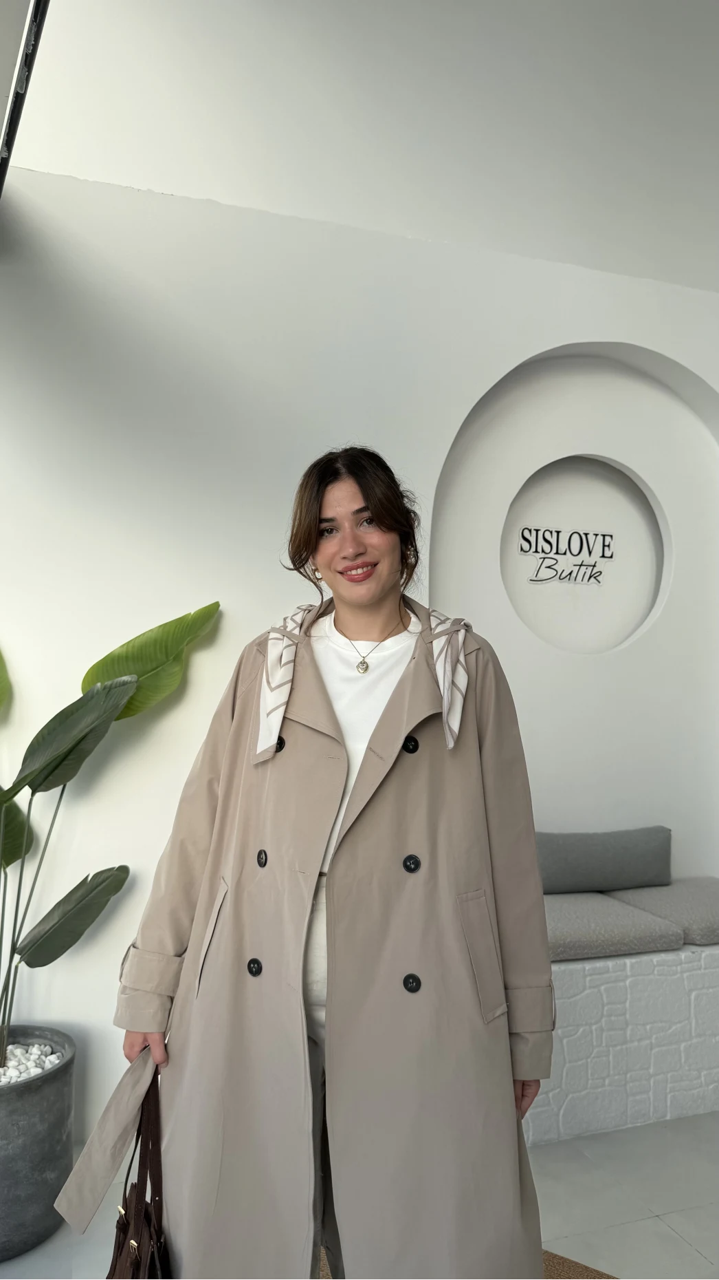 Gloria Fularlı Uzun Trençkot - Vizon - Kod: 7535