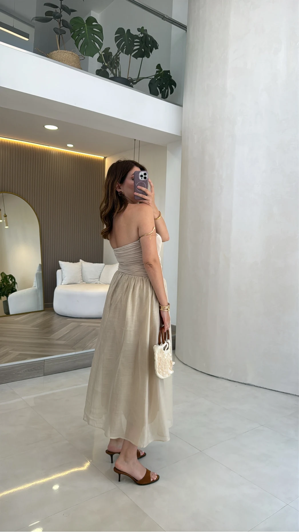 Glow Straplez Yanı Büzgülü Elbise - Bej - Kod: 0106
