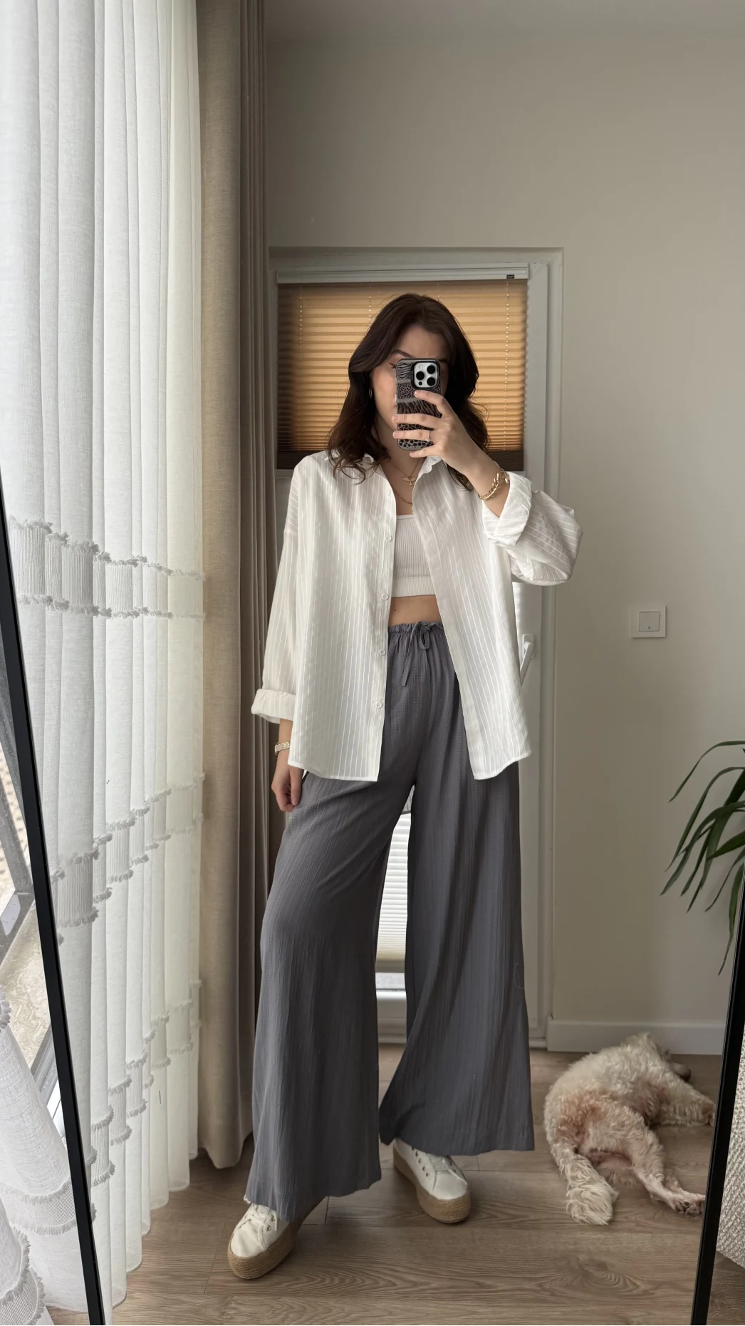 Gofre Kumaş Bağcıklı Palazzo Pantolon Antrasit