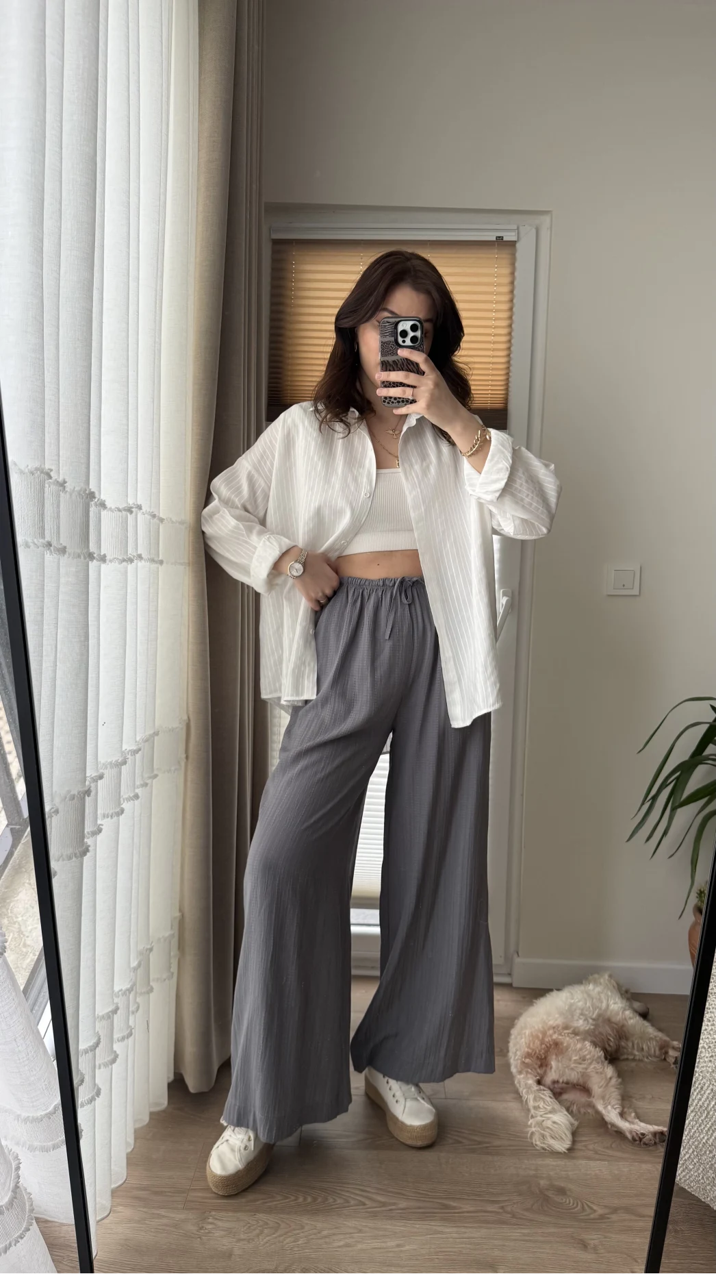 Gofre Kumaş Bağcıklı Palazzo Pantolon Antrasit