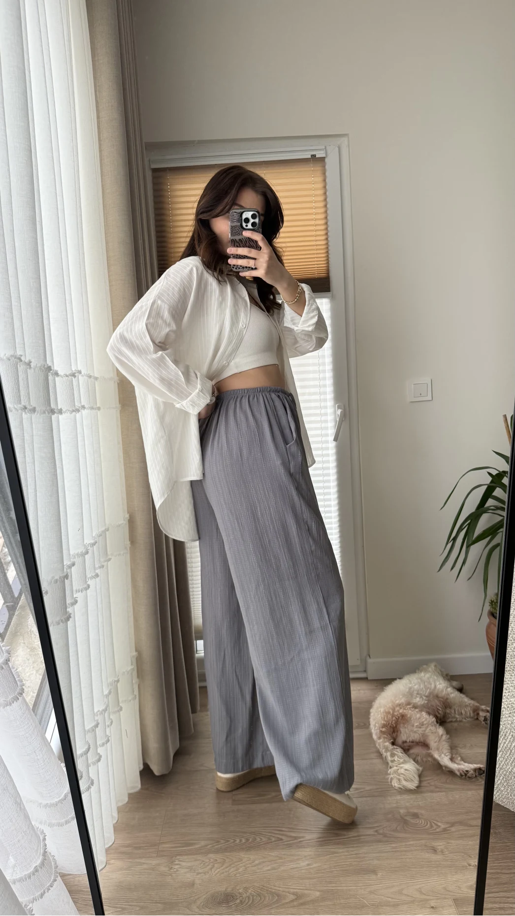 Gofre Kumaş Bağcıklı Palazzo Pantolon Antrasit