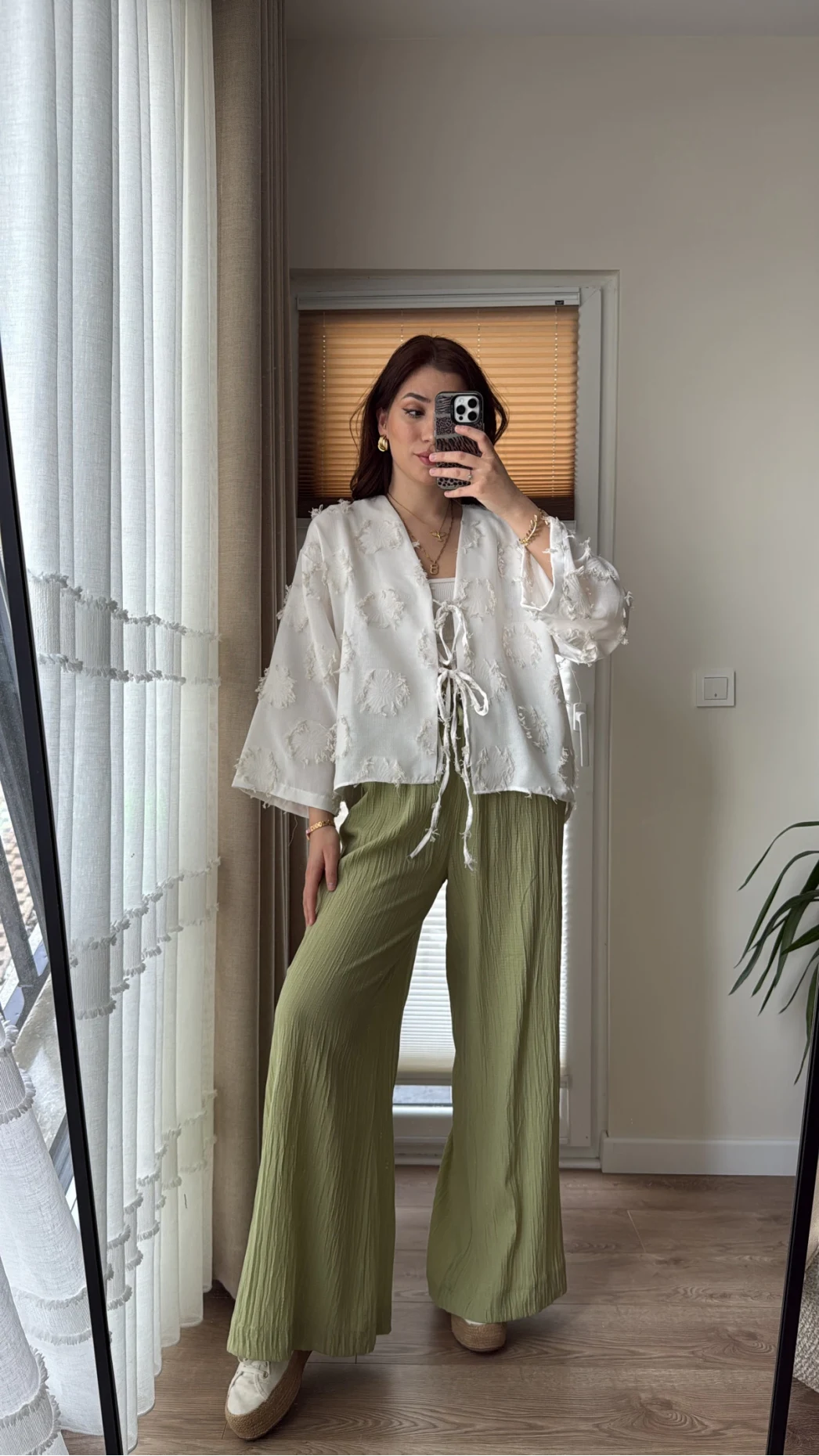 Gofre Kumaş Bağcıklı Palazzo Pantolon Haki