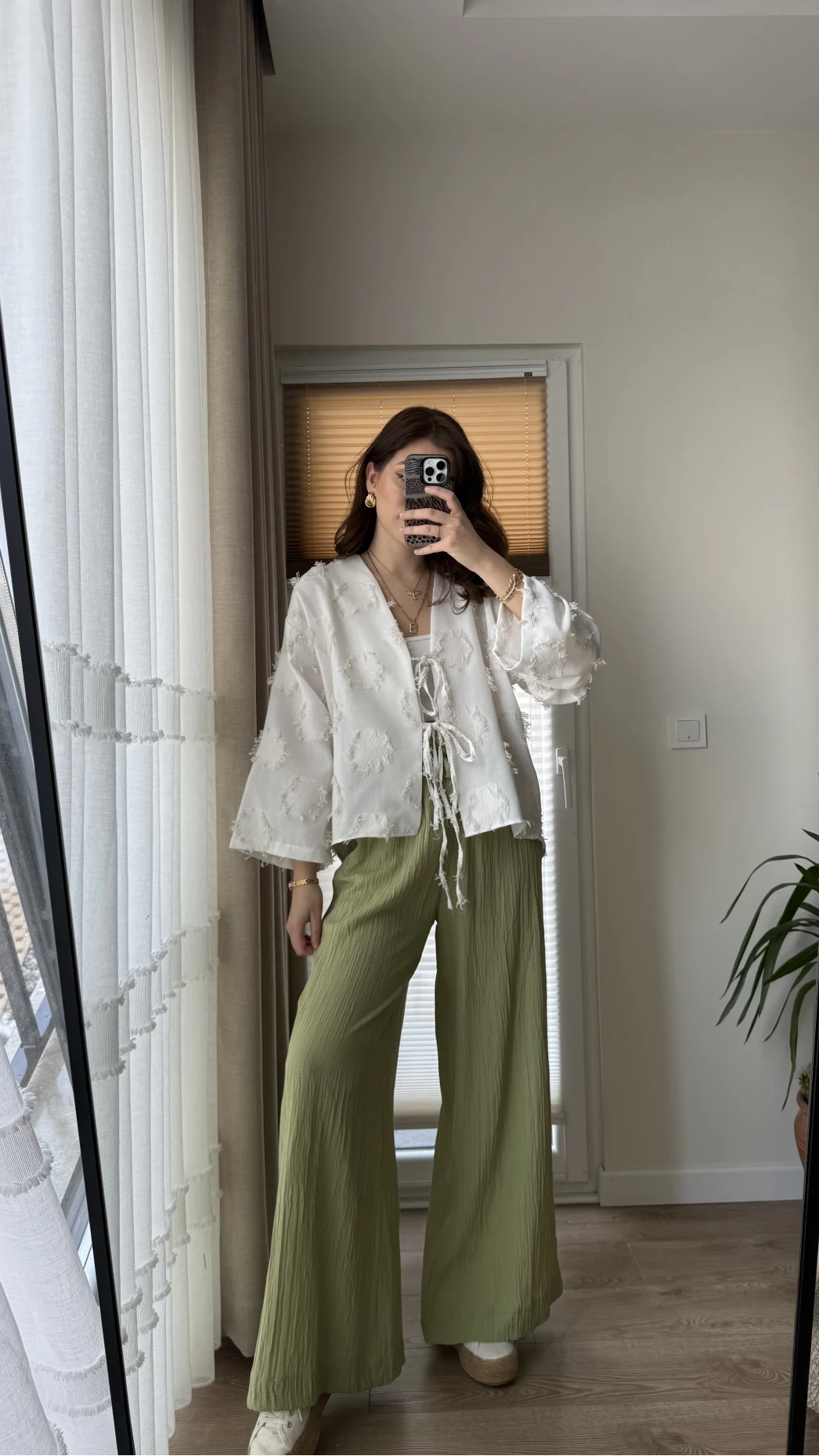 Gofre Kumaş Bağcıklı Palazzo Pantolon Haki