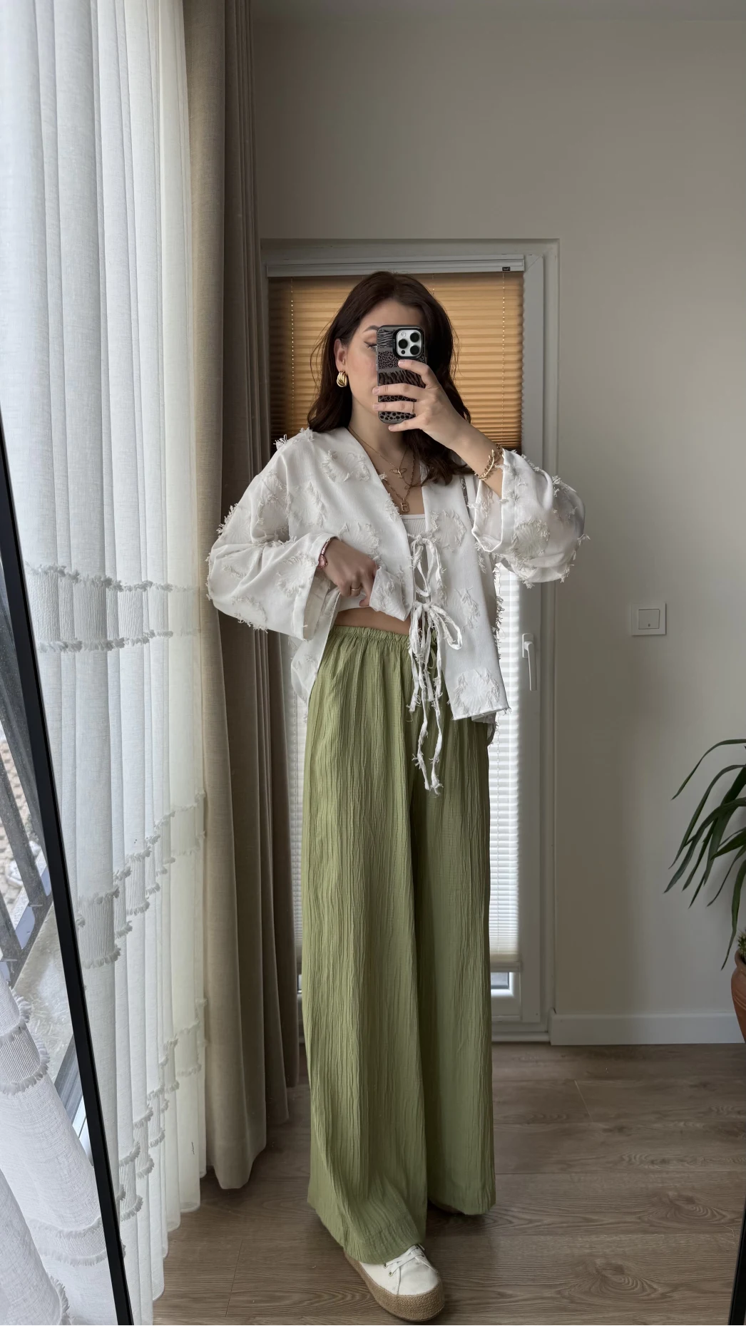 Gofre Kumaş Bağcıklı Palazzo Pantolon Haki