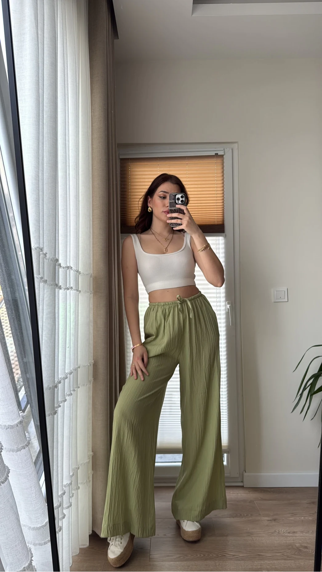 Gofre Kumaş Bağcıklı Palazzo Pantolon Haki