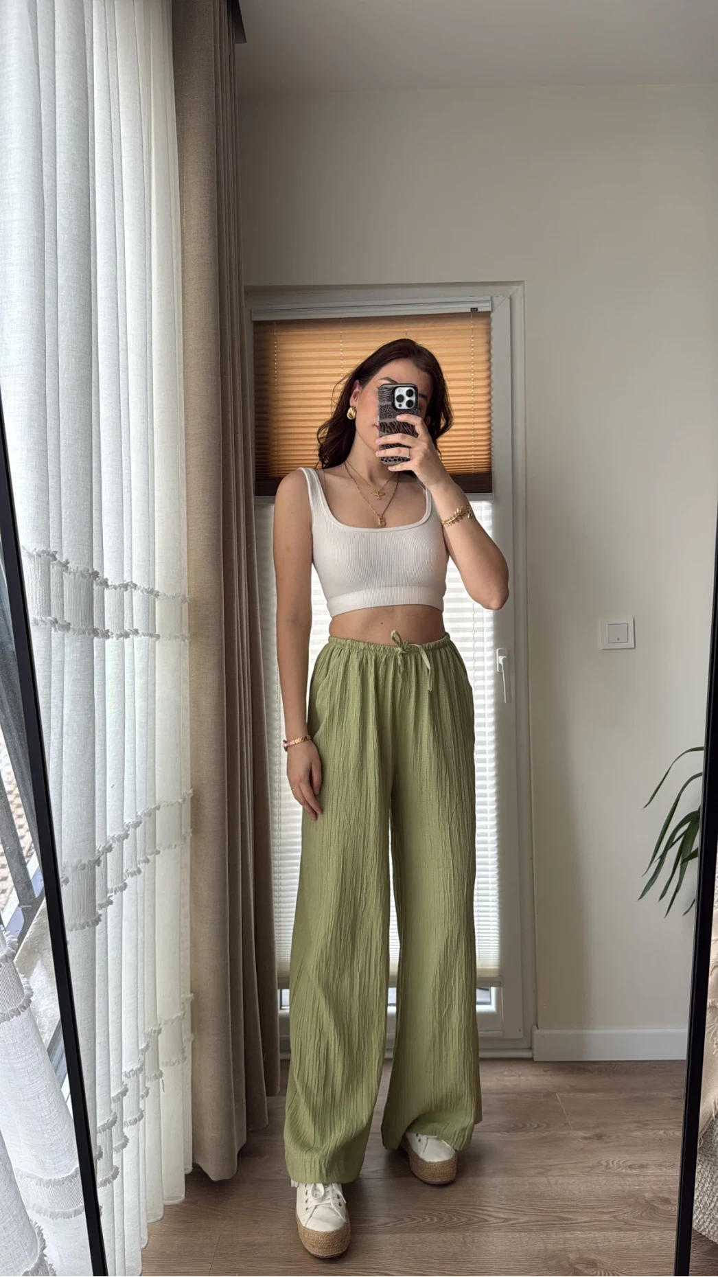 Gofre Kumaş Bağcıklı Palazzo Pantolon Haki