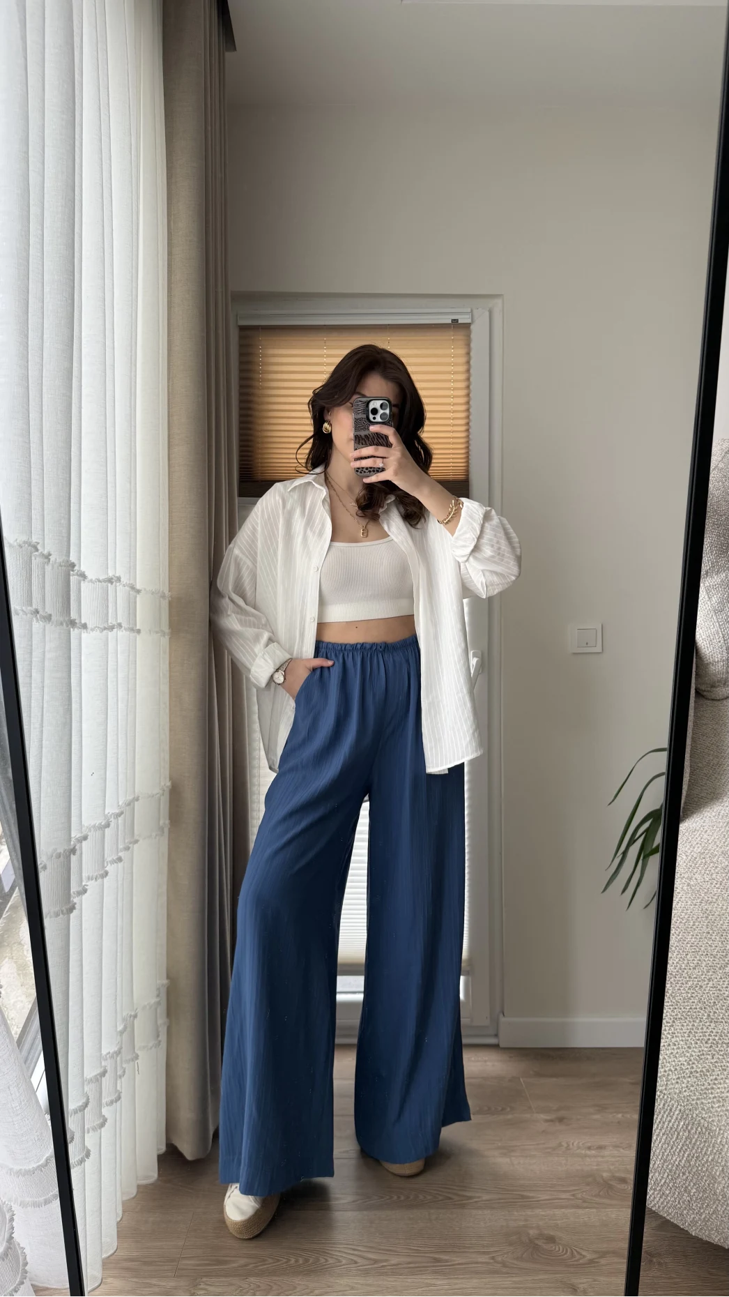 Gofre Kumaş Bağcıklı Palazzo Pantolon Mavi