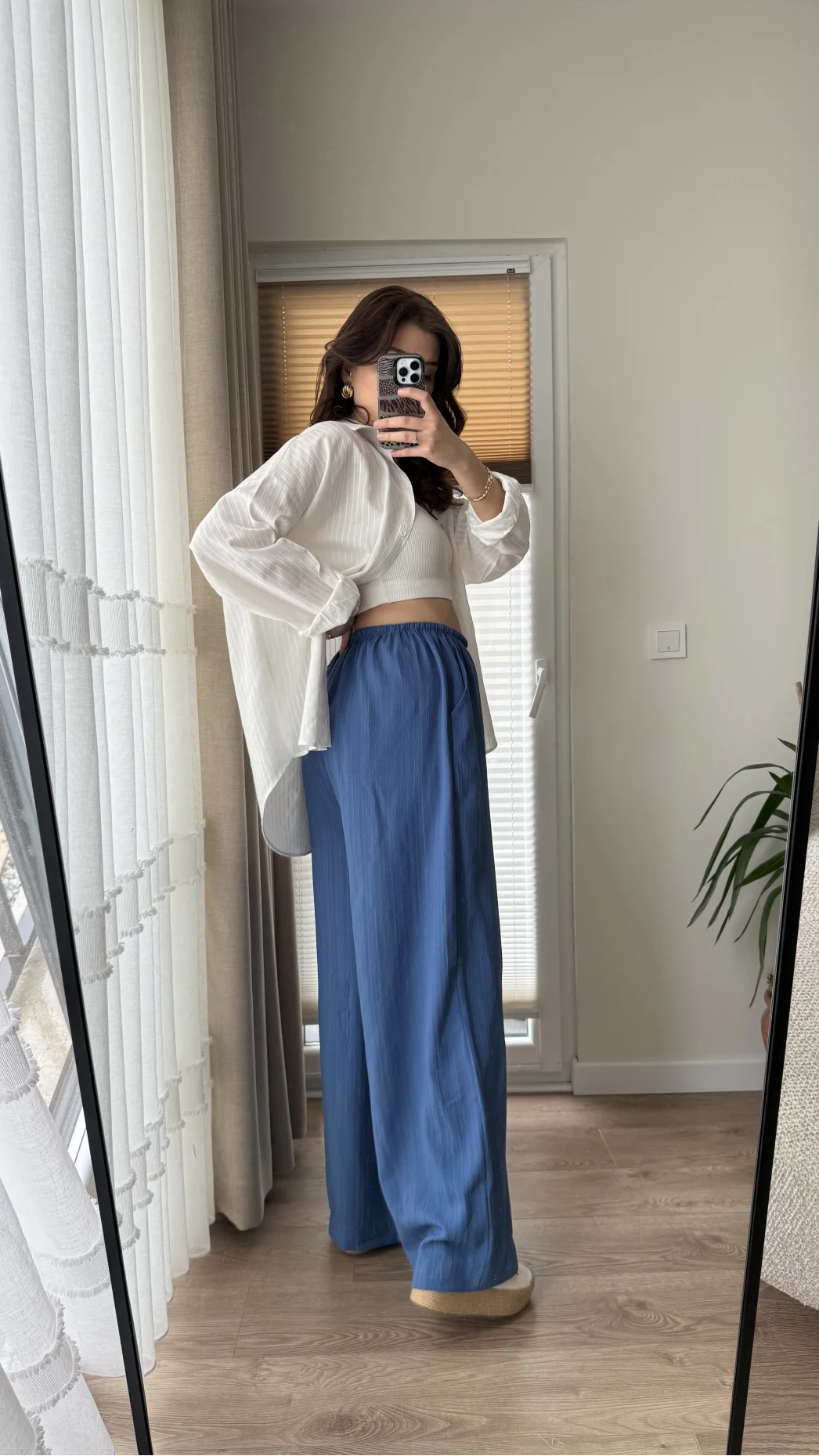 Gofre Kumaş Bağcıklı Palazzo Pantolon Mavi