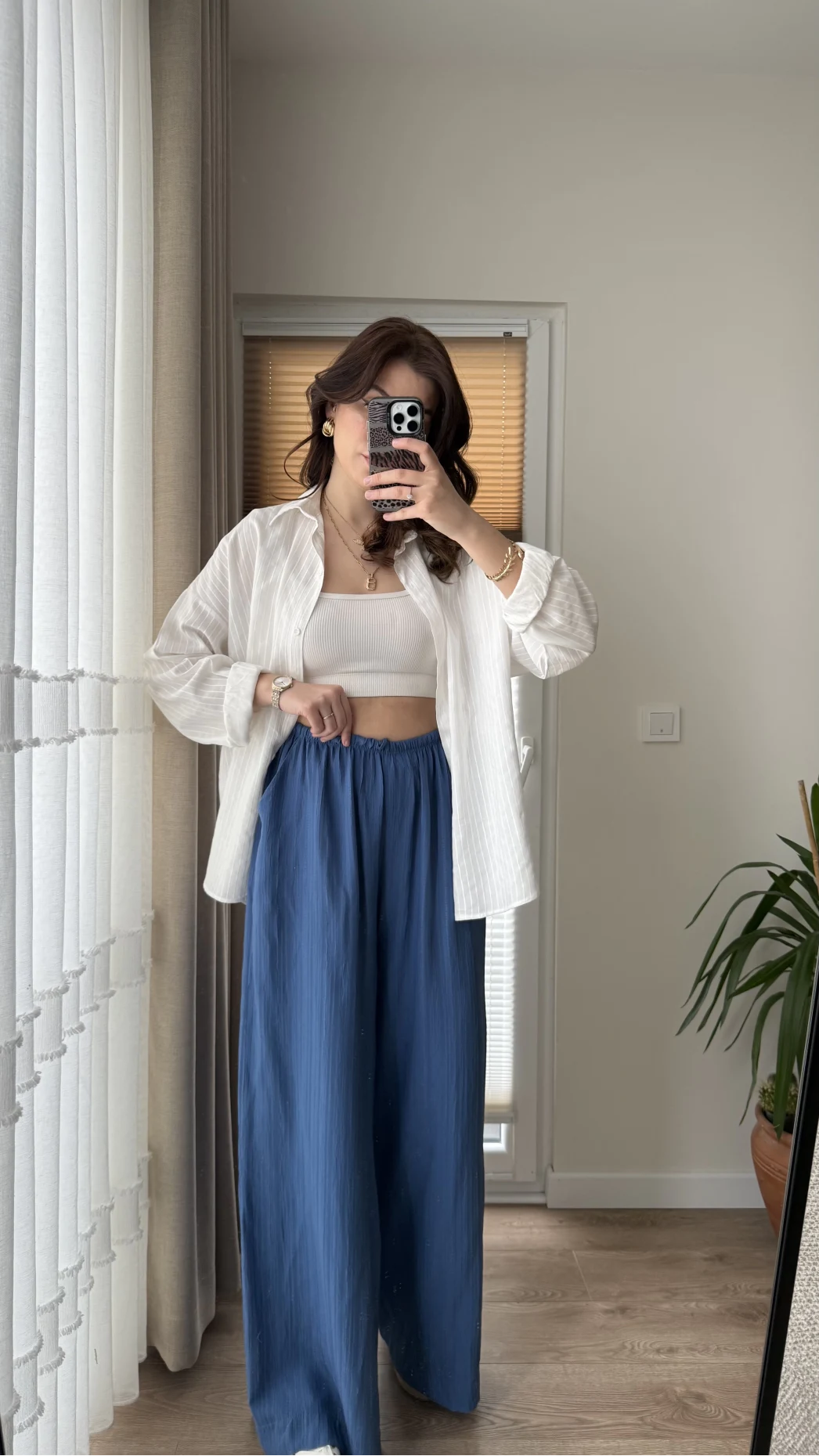 Gofre Kumaş Bağcıklı Palazzo Pantolon Mavi
