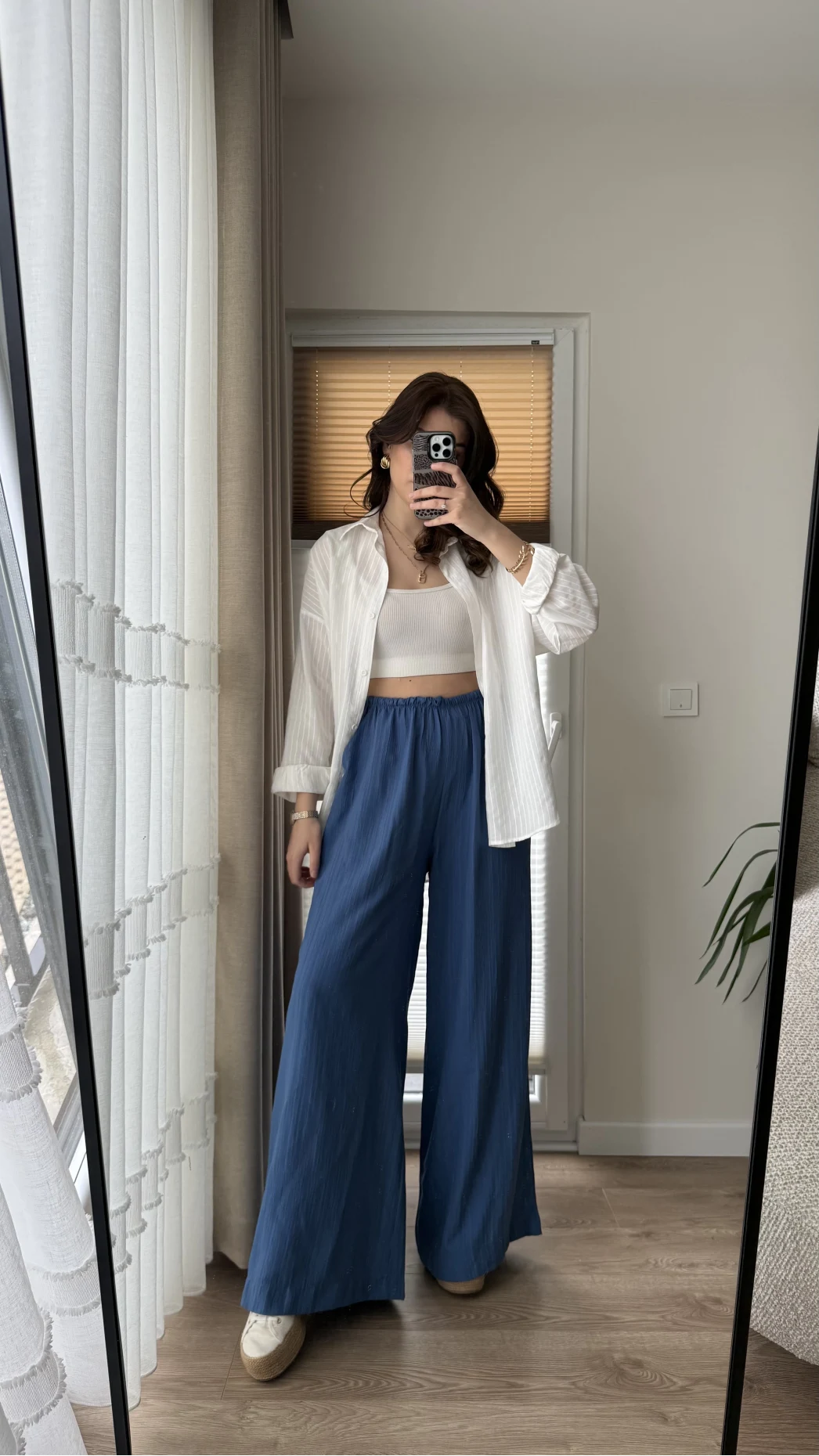 Gofre Kumaş Bağcıklı Palazzo Pantolon Mavi