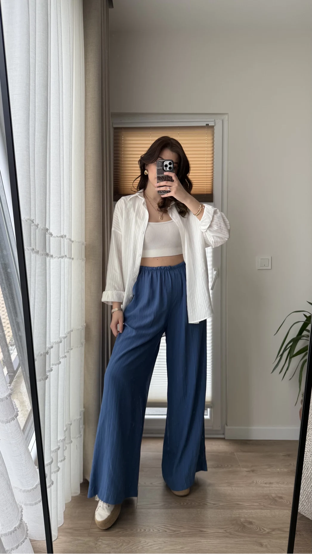 Gofre Kumaş Bağcıklı Palazzo Pantolon Mavi