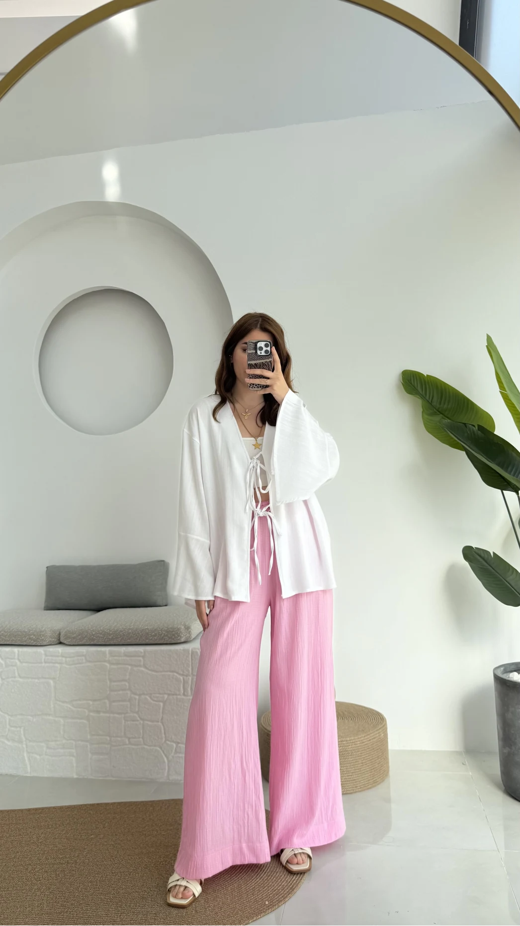 Gofre Kumaş Bağcıklı Palazzo Pantolon Pembe