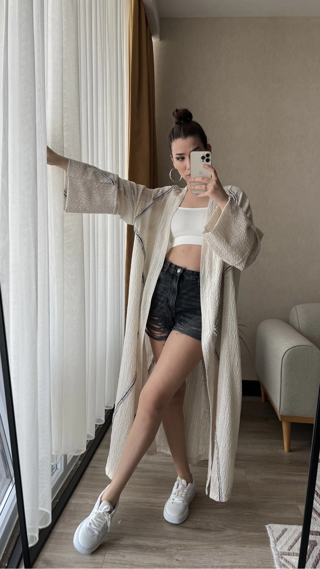 Gofre Kumaş Kimono Krem