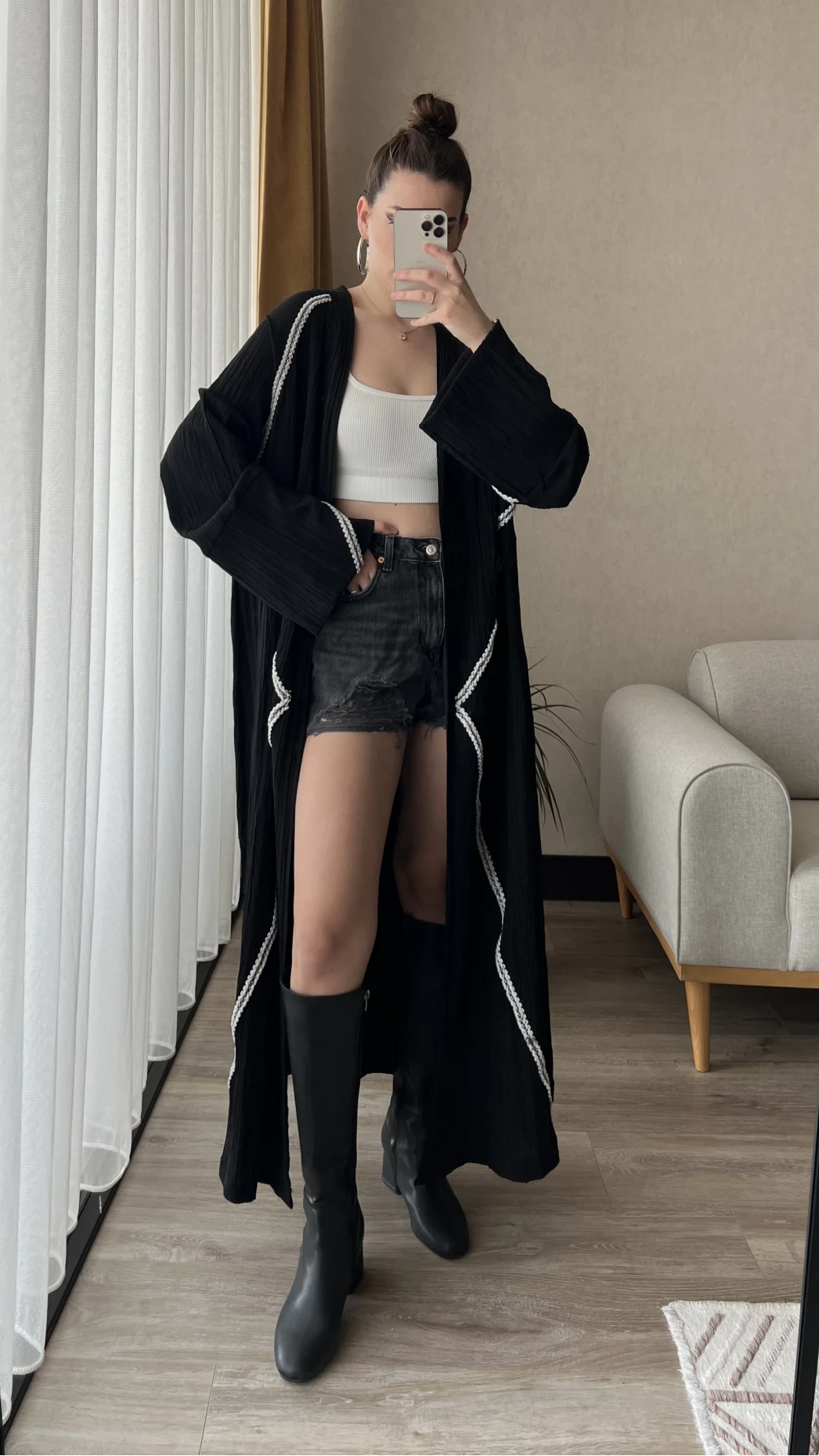 Gofre Kumaş Kimono Siyah