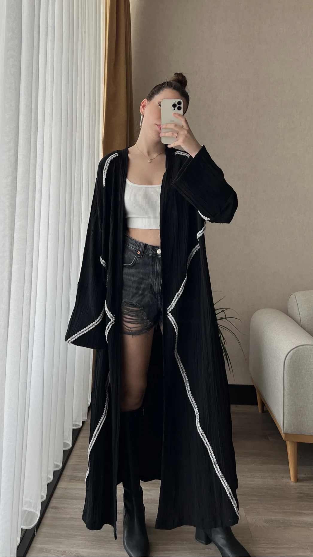 Gofre Kumaş Kimono Siyah