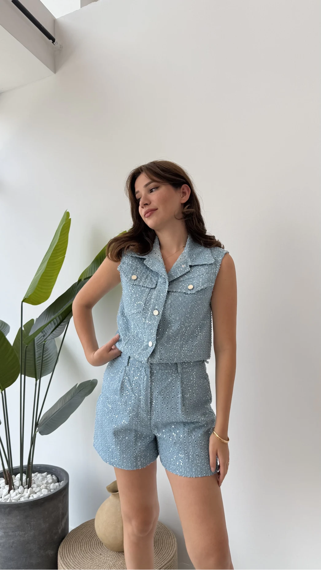 Goldie Pullu Mavi Yelek Şort Takım - 88726 - 85335