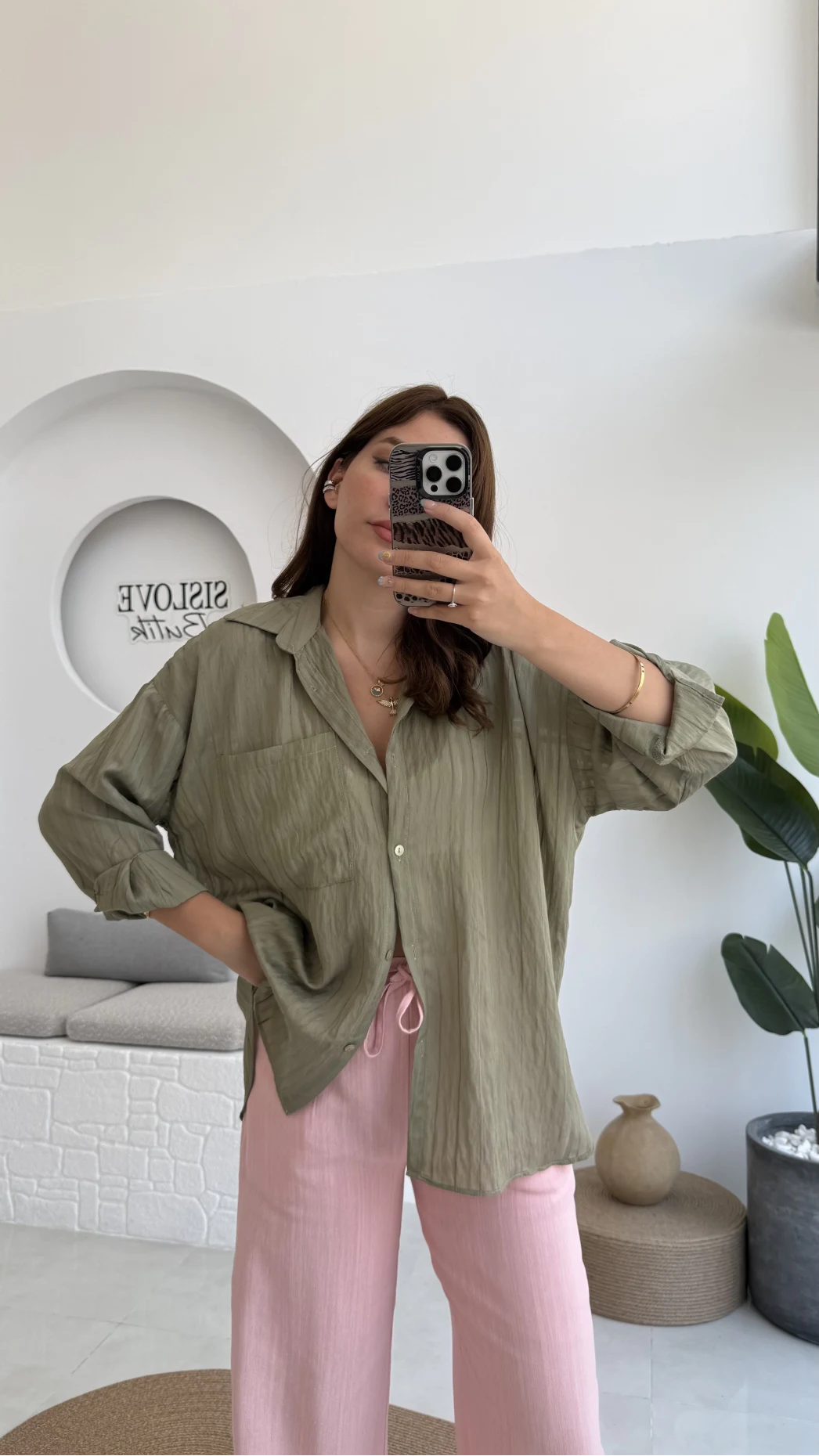 Tül Detay Gömlek-2109-Haki