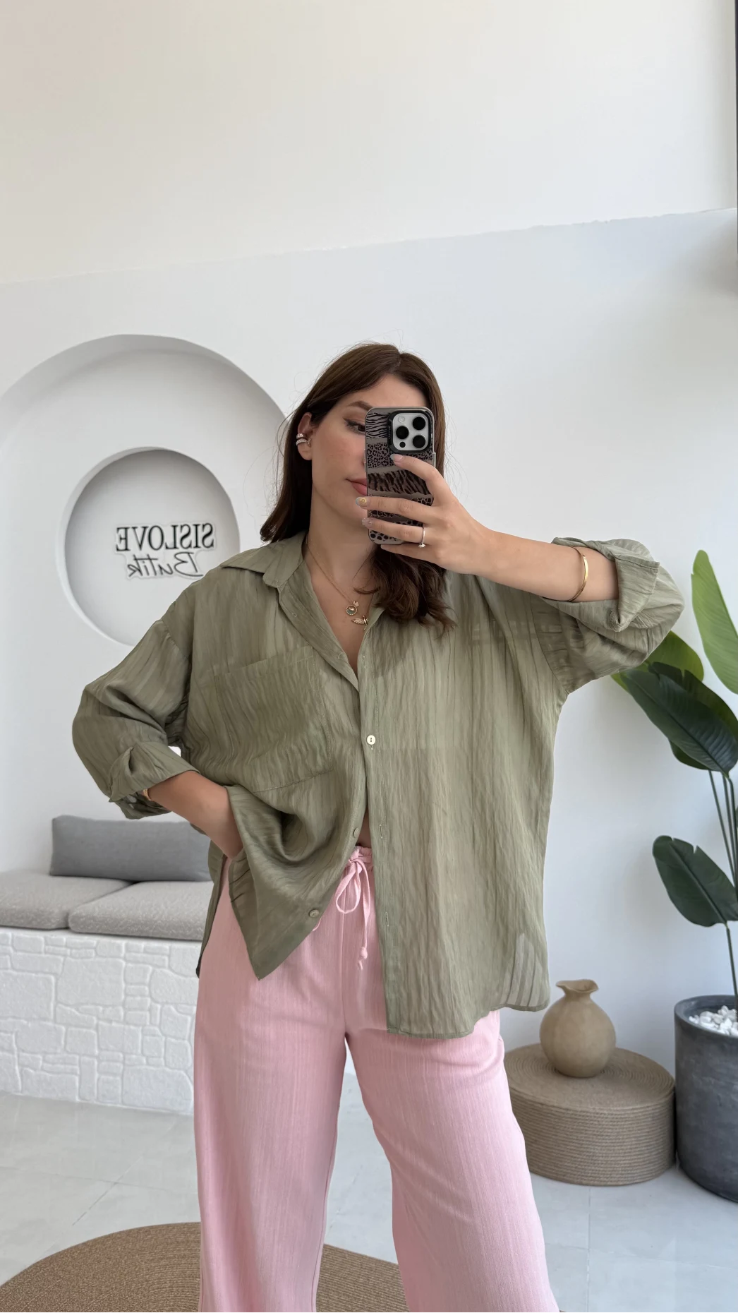 Tül Detay Gömlek-2109-Haki