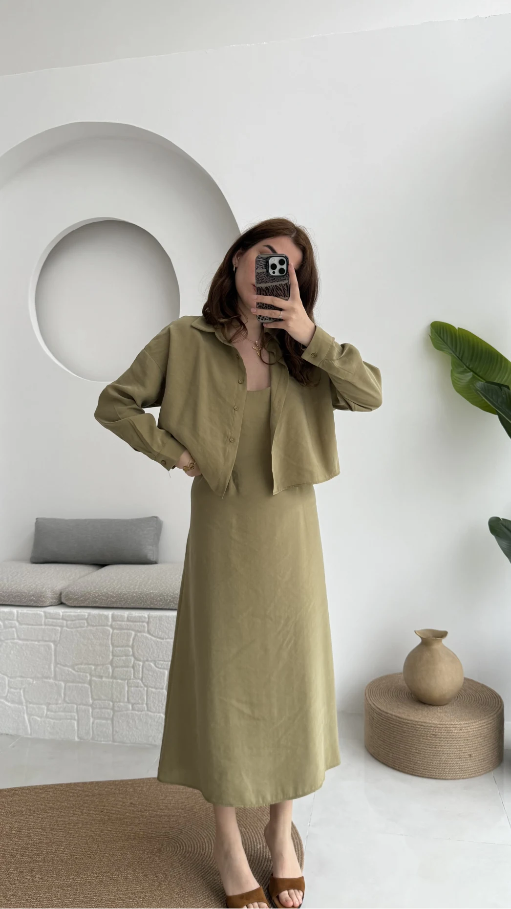 Askılı Gömlek Elbise Takım - 51153 - Haki