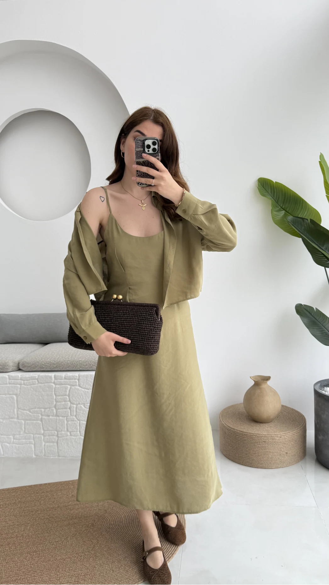 Askılı Gömlek Elbise Takım - 51153 - Haki