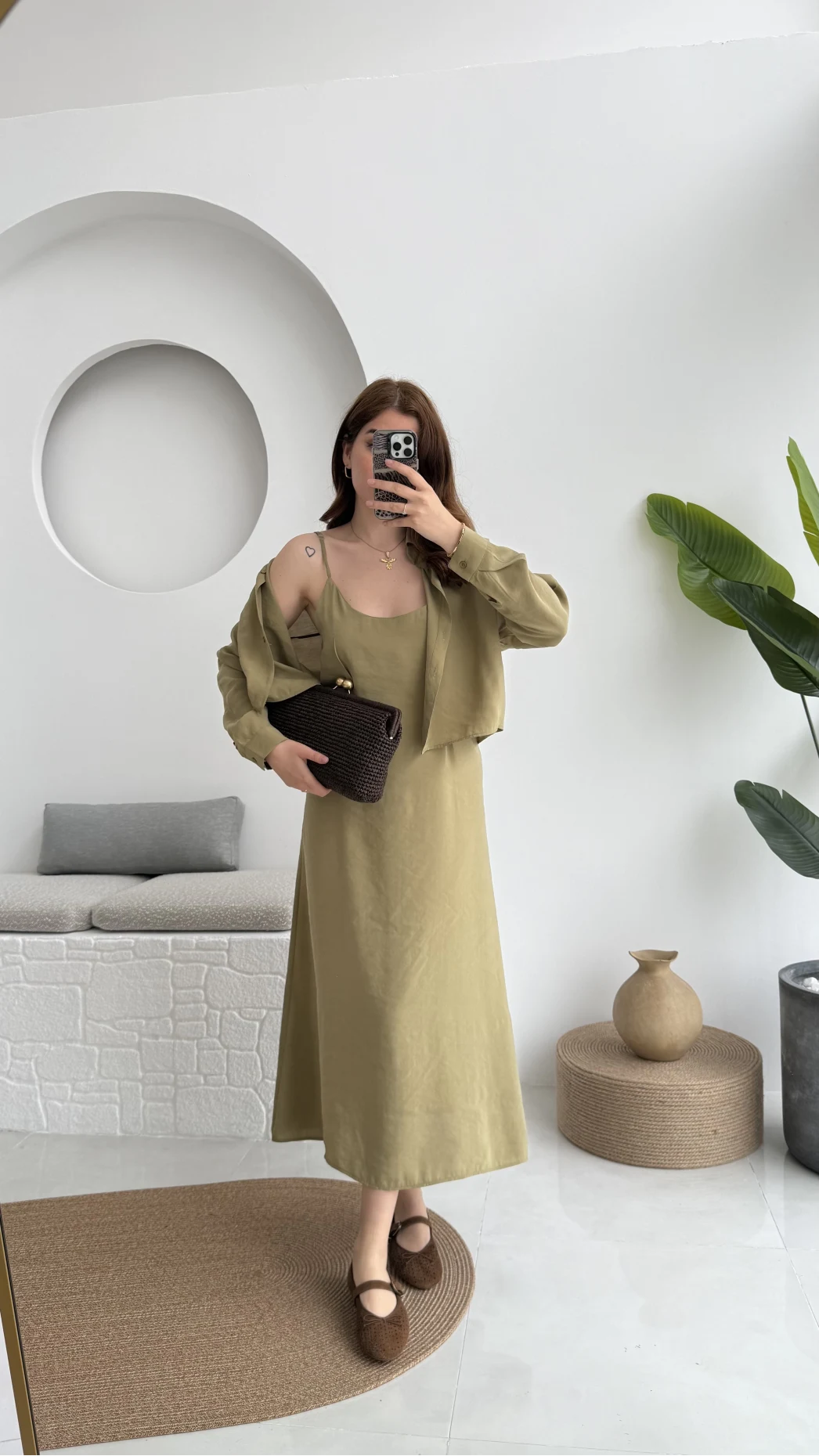 Askılı Gömlek Elbise Takım - 51153 - Haki