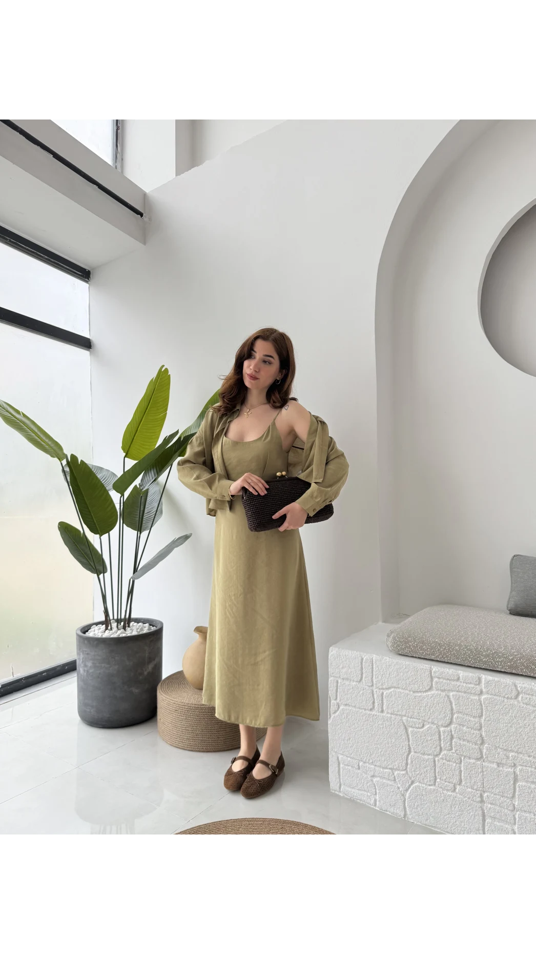 Askılı Gömlek Elbise Takım - 51153 - Haki