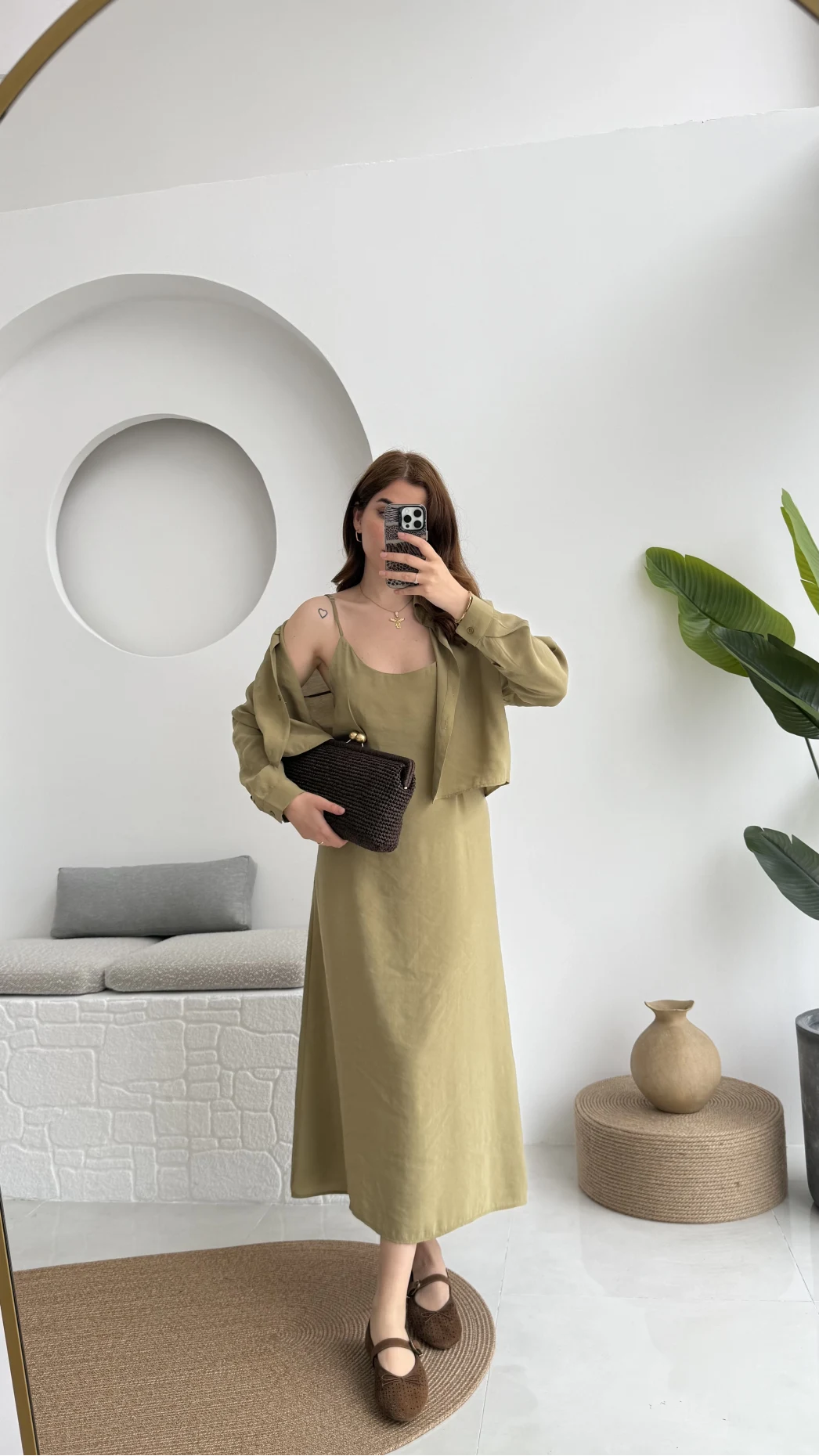 Askılı Gömlek Elbise Takım - 51153 - Haki