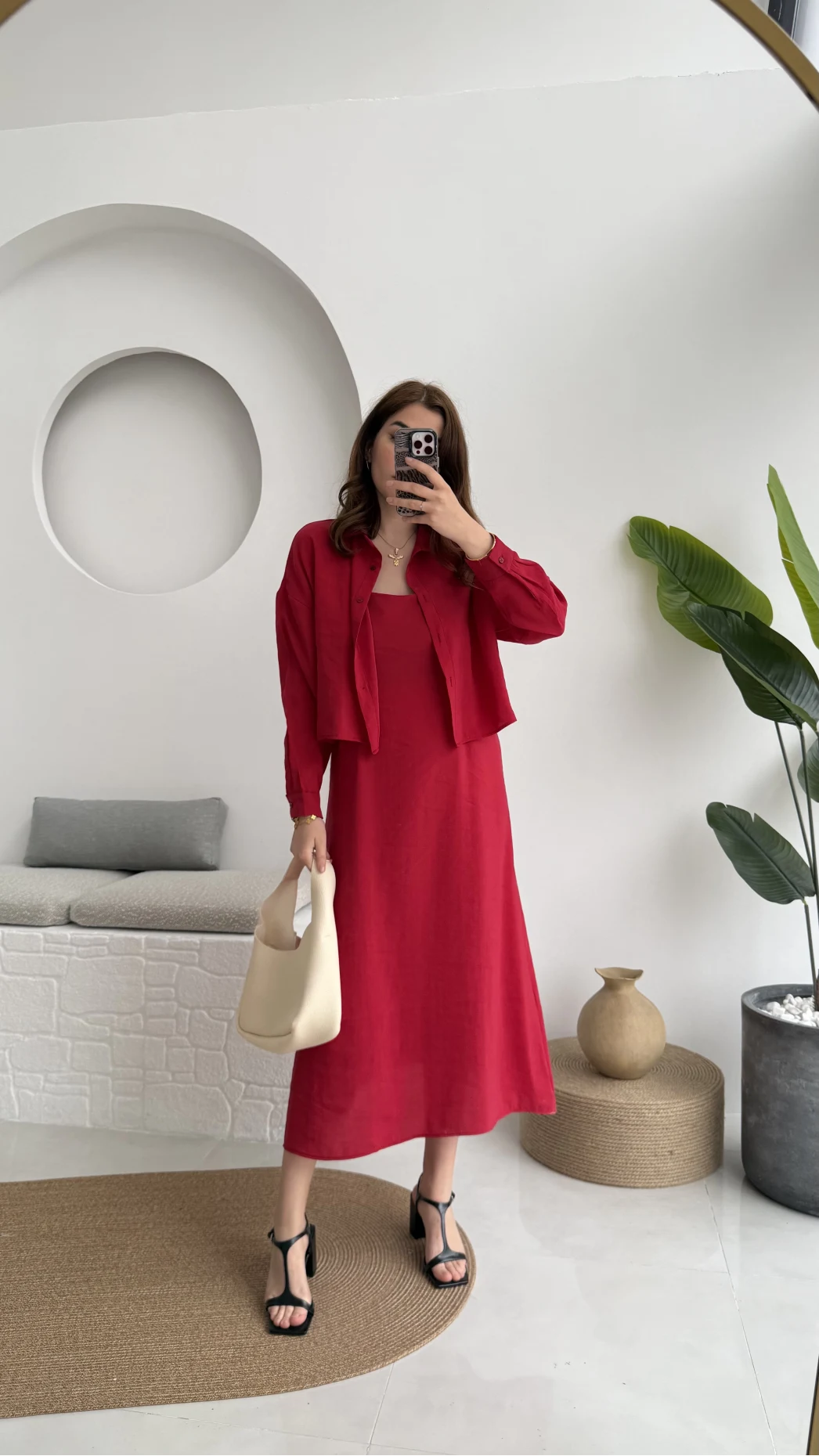 Askılı Gömlek Elbise Takım - 51153 - Kırmızı