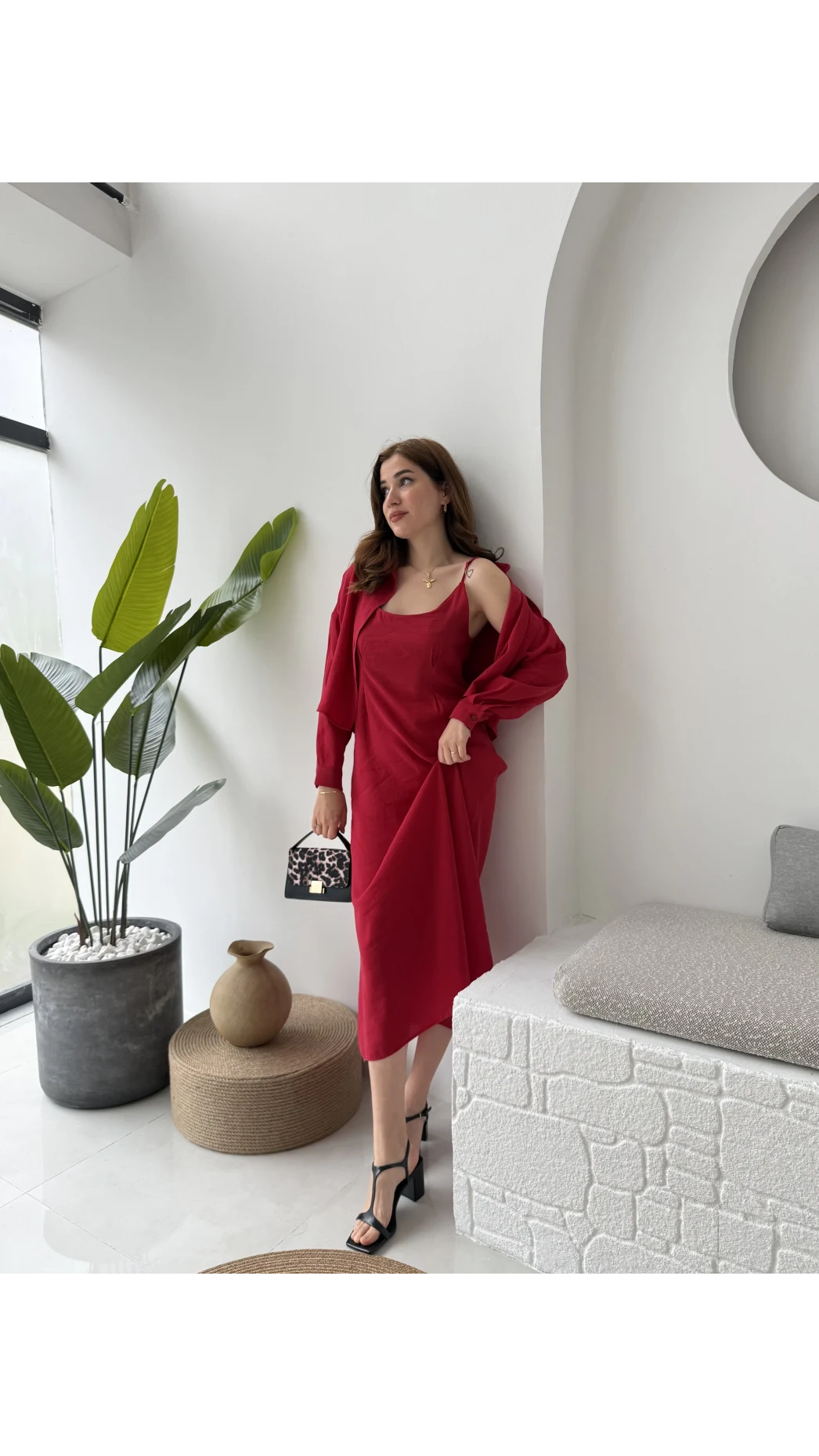 Askılı Gömlek Elbise Takım - 51153 - Kırmızı