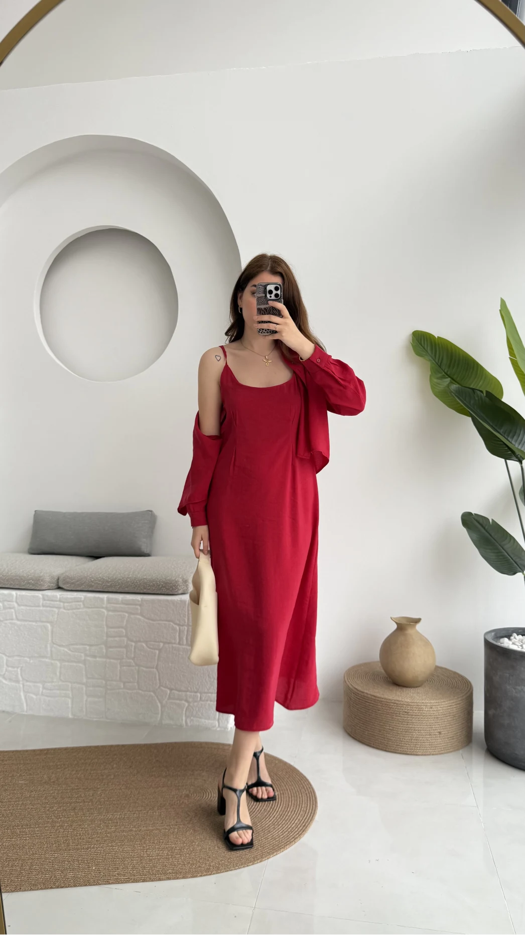 Askılı Gömlek Elbise Takım - 51153 - Kırmızı