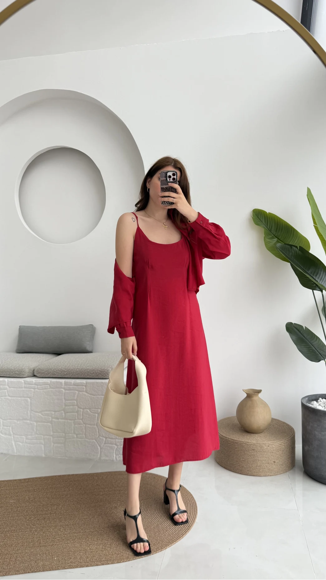 Askılı Gömlek Elbise Takım - 51153 - Kırmızı