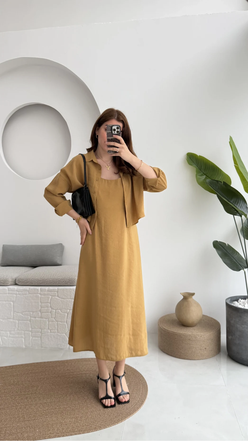 Askılı Gömlek Elbise Takım - 51153 - Safran